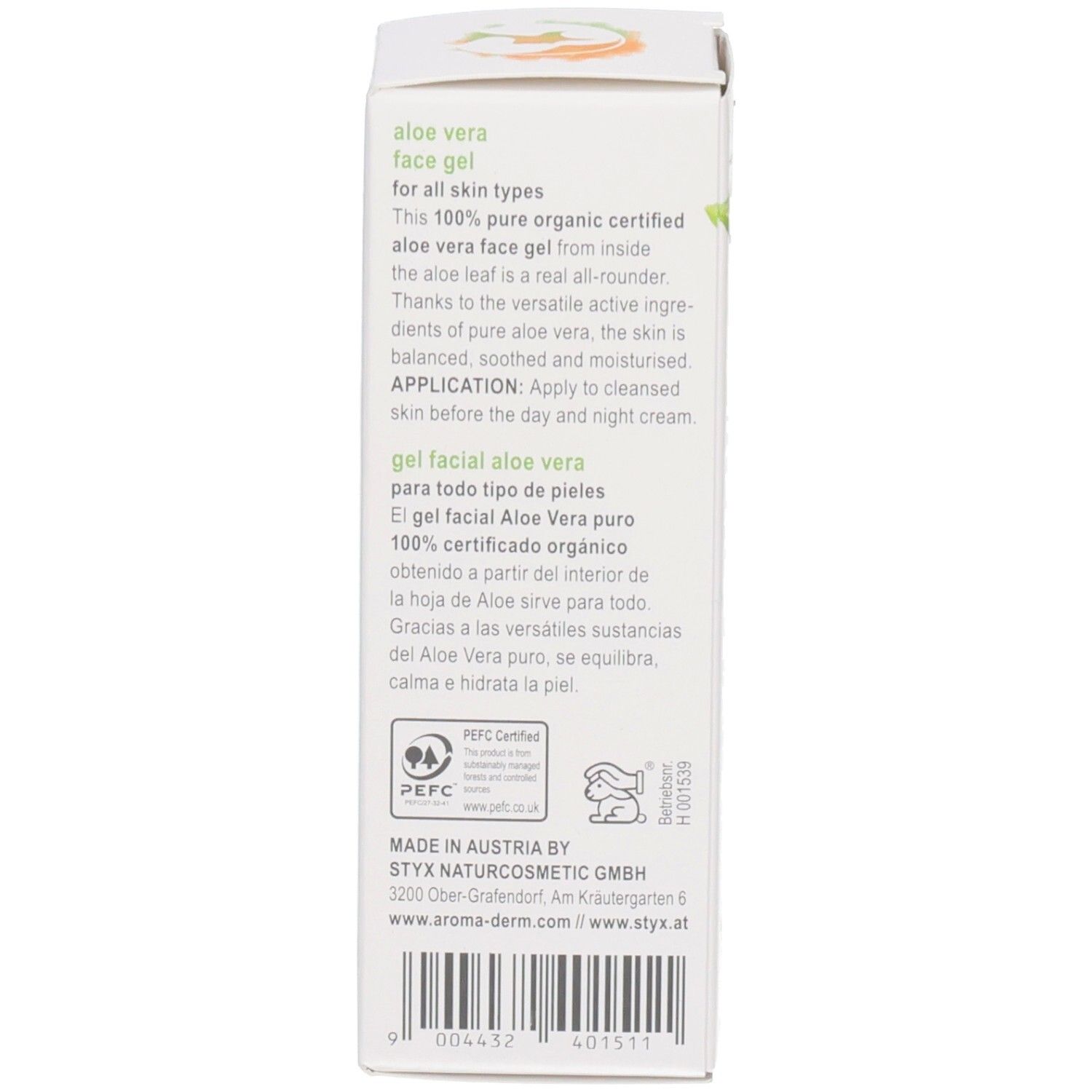 Dos de l'emballage. Texte: aloe vera face gel for all skin types. Conseils d'utilisation. Logos: PEFC, Vegan, informations fabricant.
