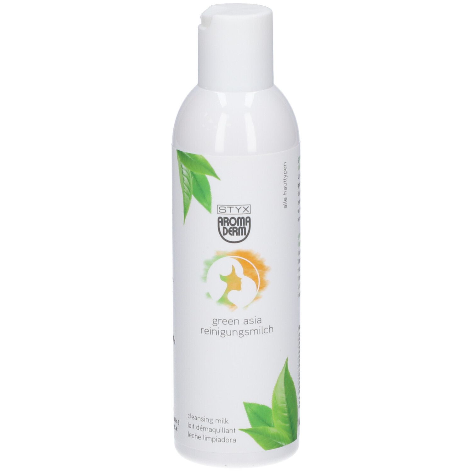 Witte fles STYX AROMADERM Green Asia Reinigungsmilch. Groen-oranje logo, groene bladeren. Dop bovenop.
