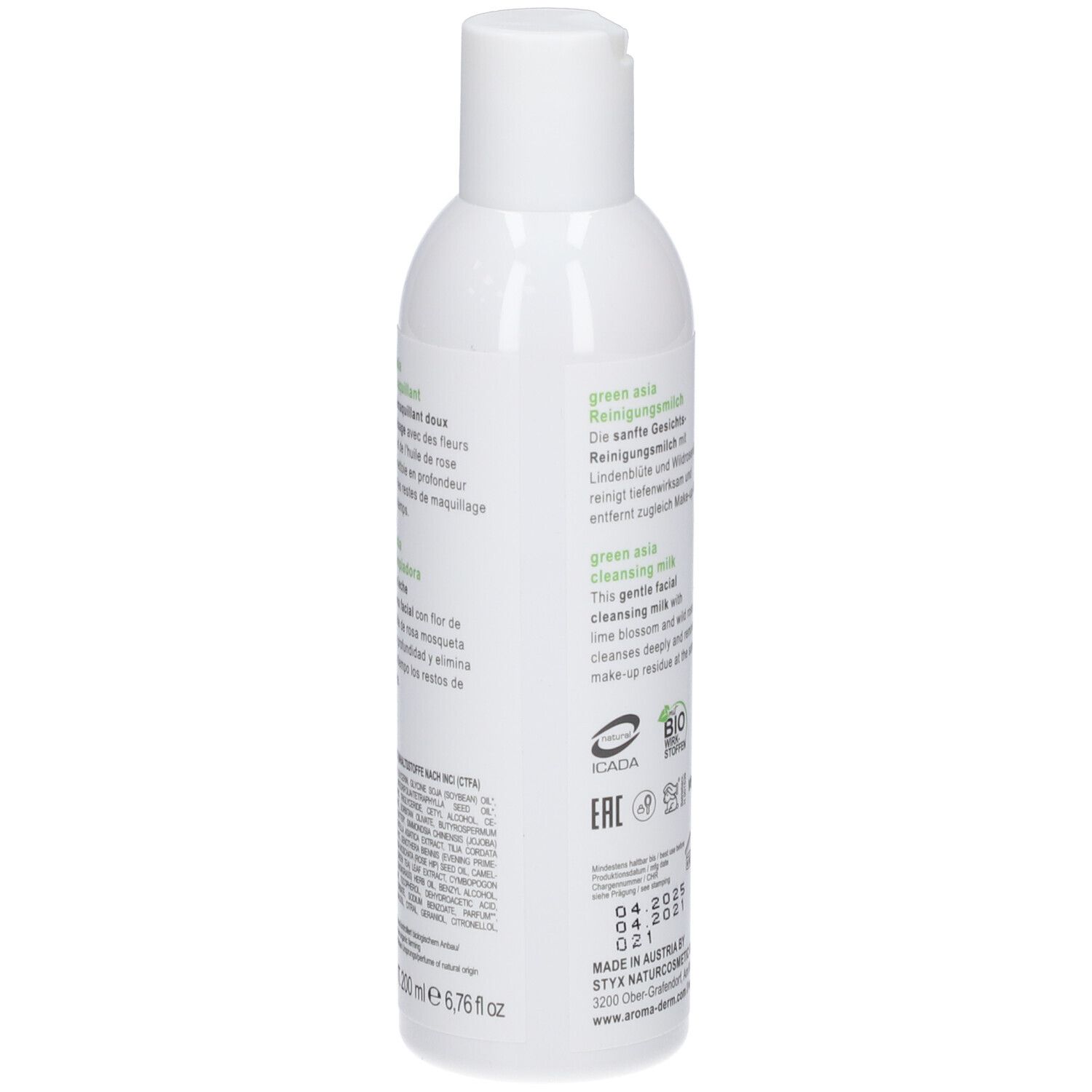 Achterkant witte fles STYX AROMADERM Green Asia Reinigungsmilch. Meertalige tekst, groene bladeren, vegan.