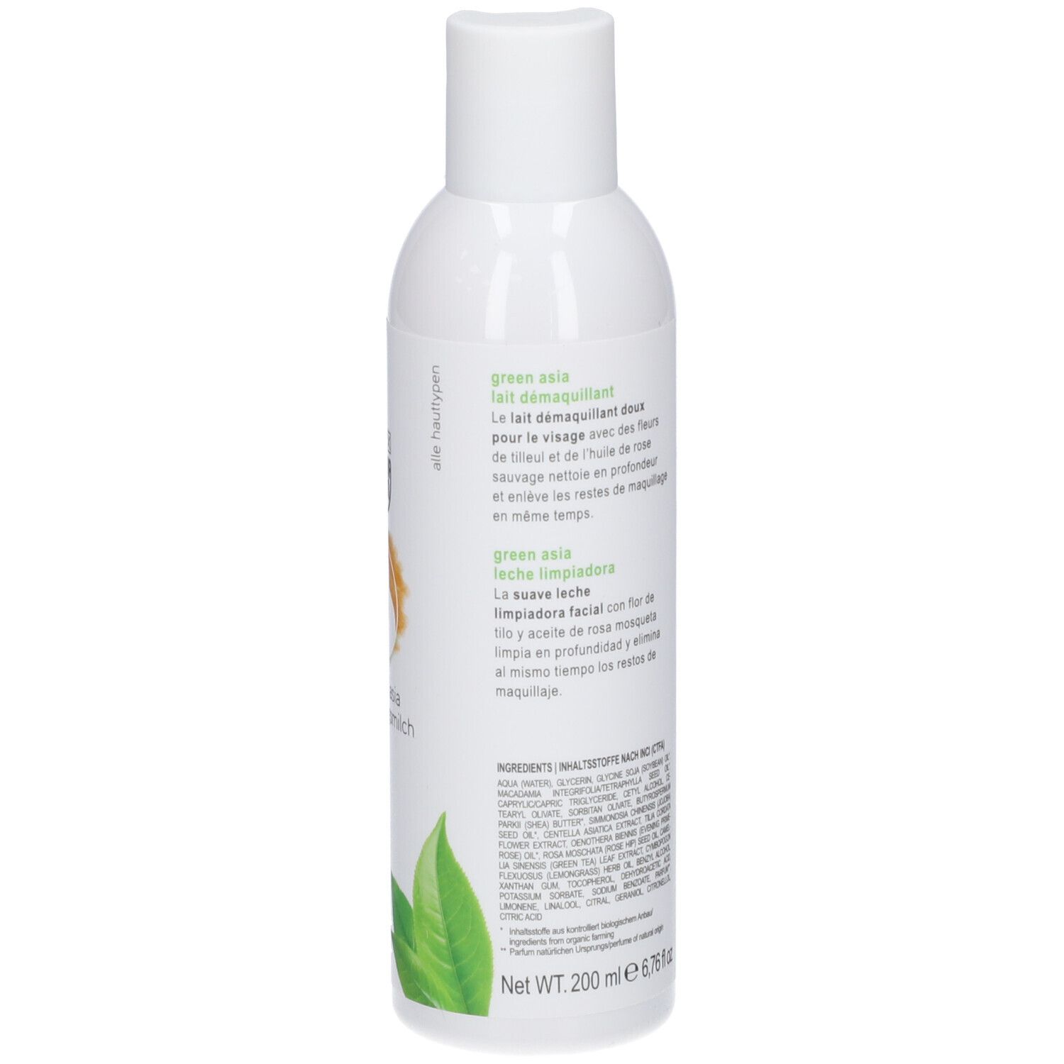 Achterkant witte fles STYX AROMADERM Green Asia Reinigungsmilch. Meertalige tekst, groene bladeren, vegan.