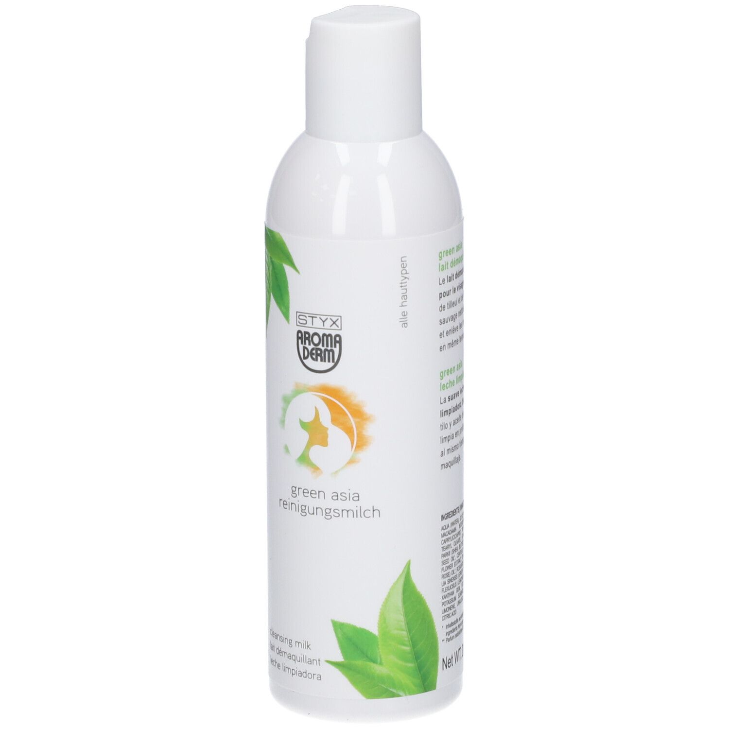 Witte fles STYX AROMADERM Green Asia Reinigungsmilch. Groen-oranje logo, groene bladeren. Dop bovenop.
