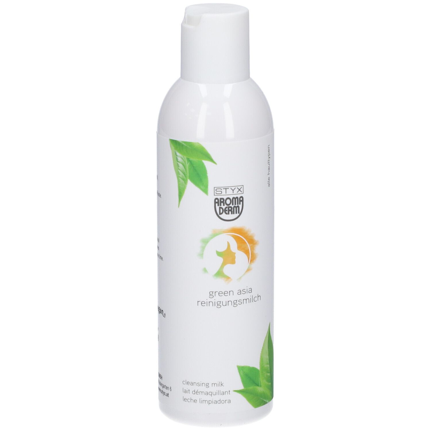 Witte fles STYX AROMADERM Green Asia Reinigungsmilch. Groen-oranje logo, groene bladeren. Dop bovenop.