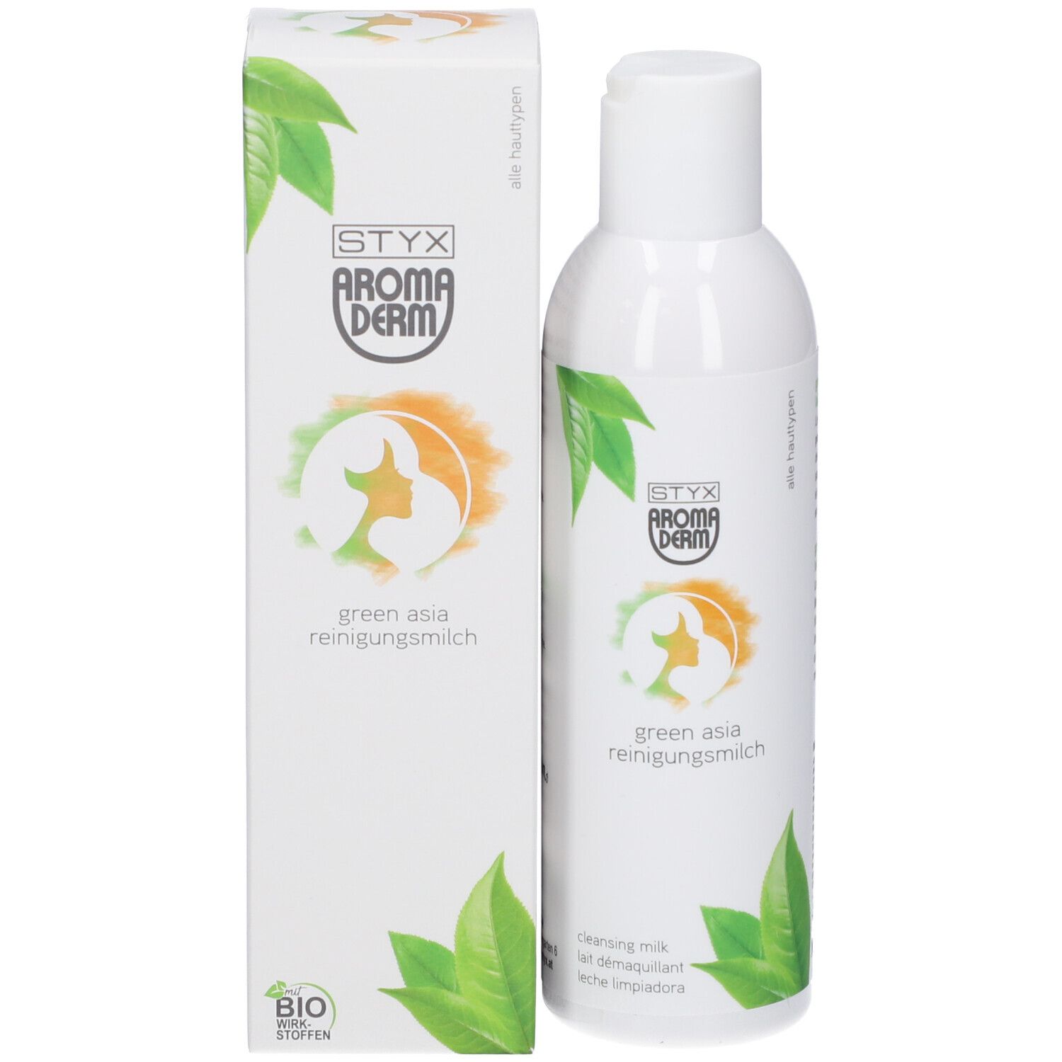 Fles en doos STYX AROMADERM Green Asia Reinigungsmilch. Groen-oranje logo, groene bladeren. Bio-label.