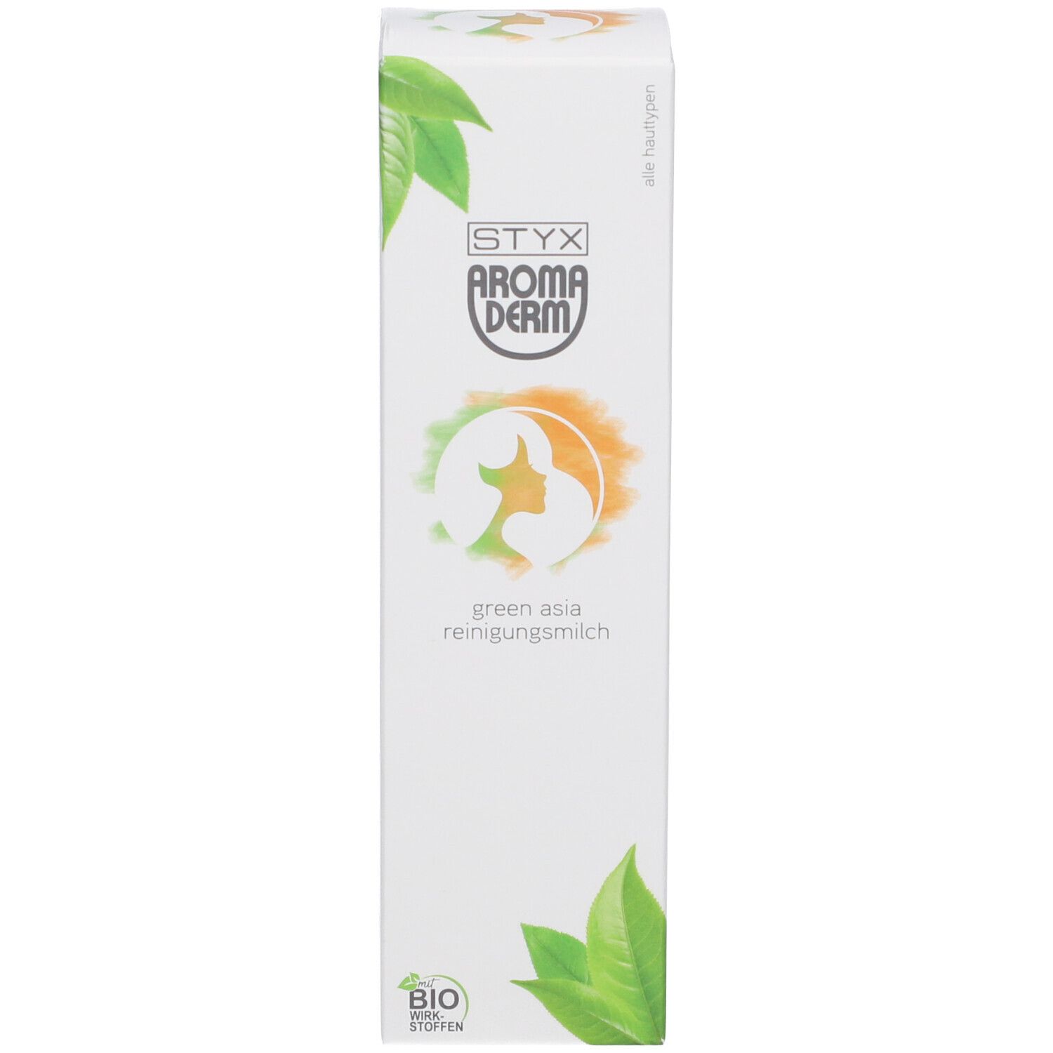 Doos STYX AROMADERM Green Asia Reinigungsmilch. Groen-oranje logo, groene bladeren. Bio-label.