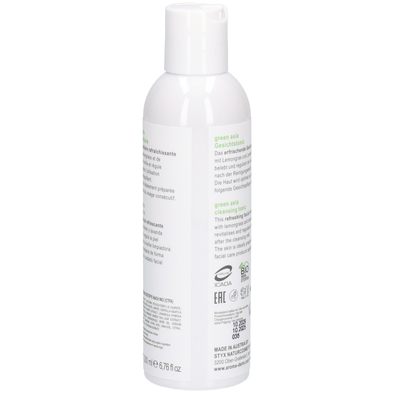 Dos du flacon blanc. Texte: green asia Gesichtstonic. Ingrédients, certifications, logo vegan.