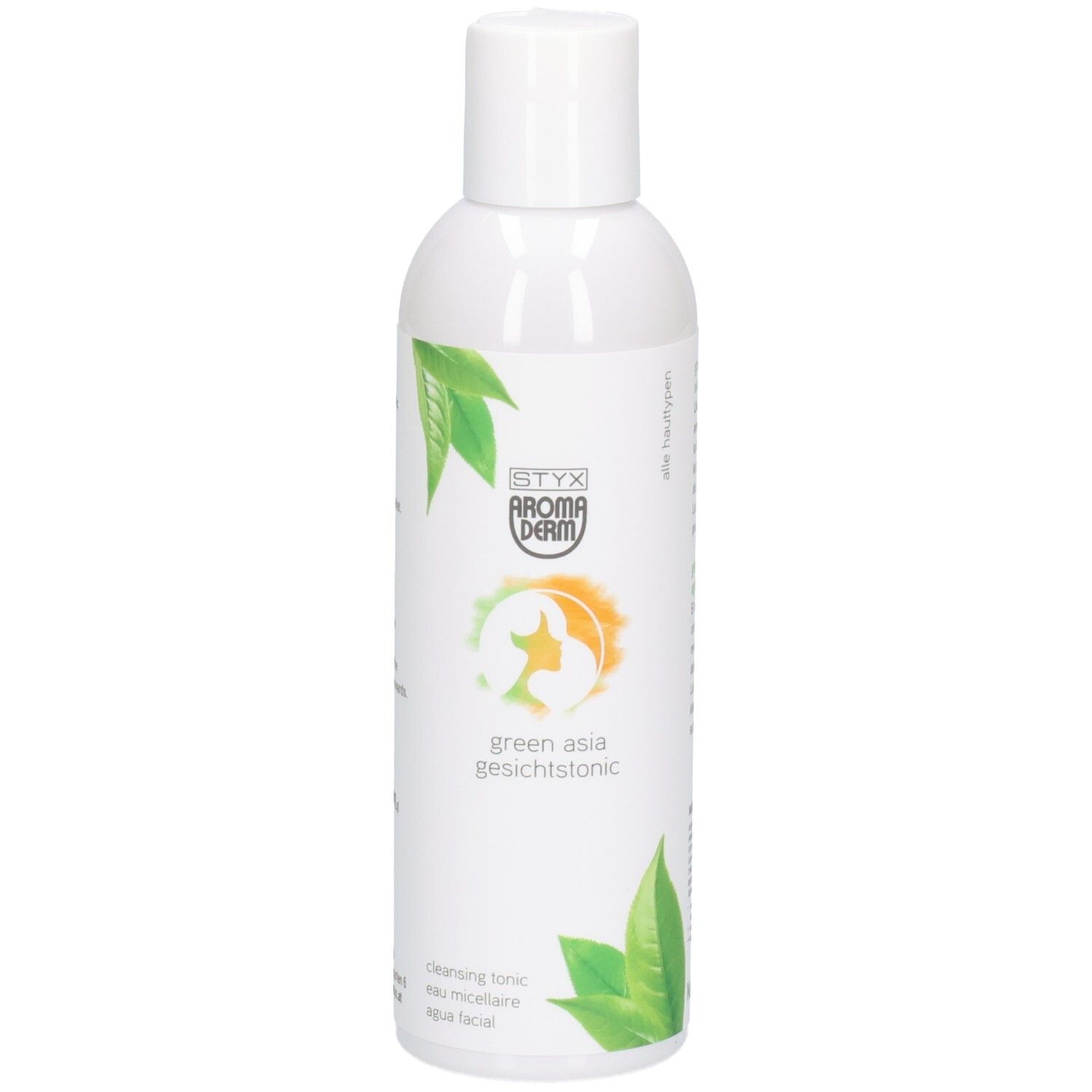 Dos du flacon blanc. Texte: green asia Gesichtstonic. Ingrédients, certifications, logo vegan.