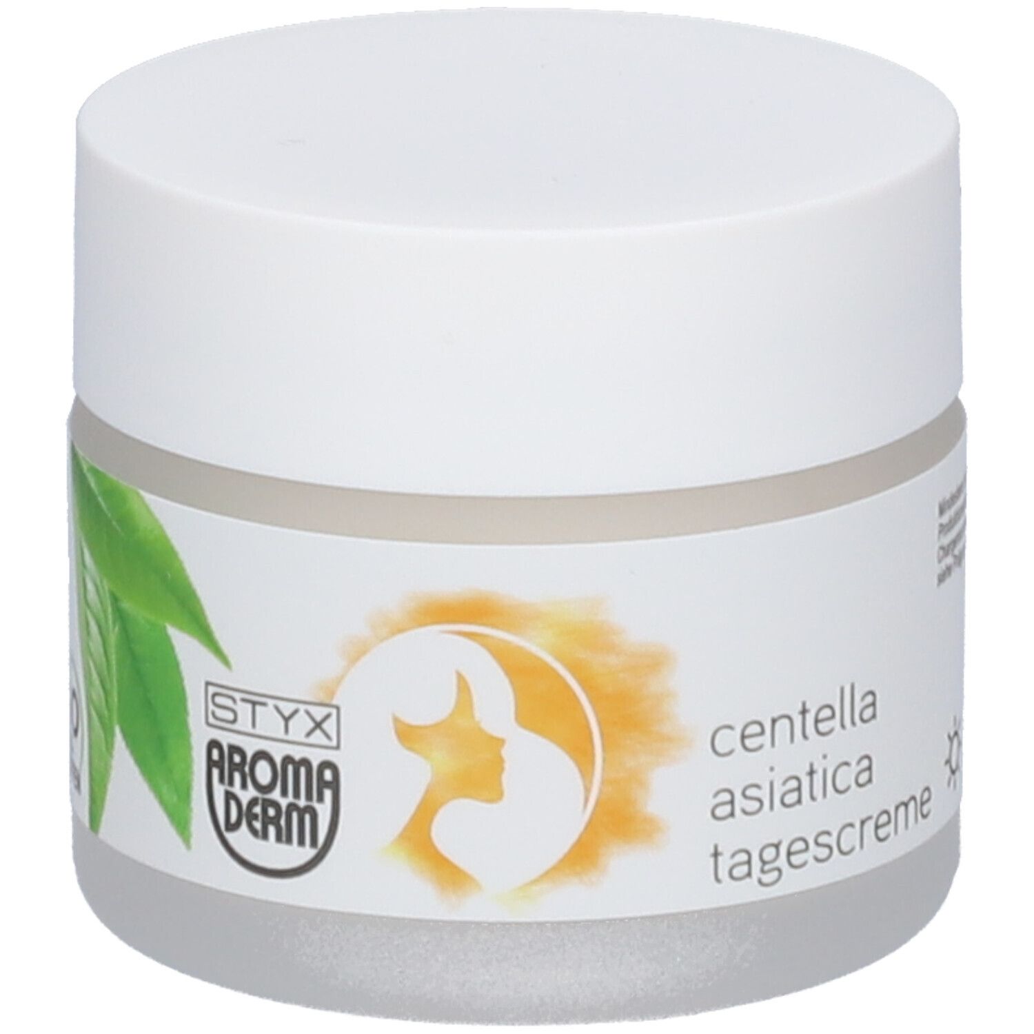 Pot de crème avec couvercle blanc. Étiquette avec logo, feuilles et texte: Centella Asiatica Tagescreme. Symbole soleil.