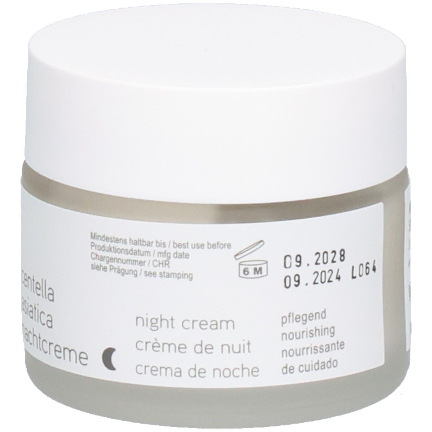 Pot de crème avec couvercle blanc. Autocollant avec texte: night cream, vegan, date de péremption 01.2025, numéro de lot.