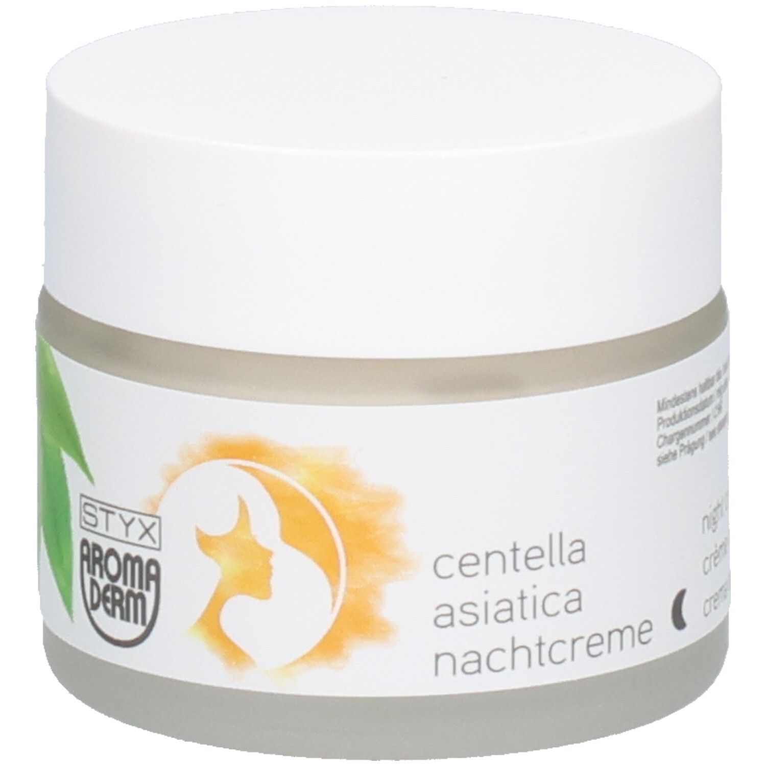 Pot de crème avec couvercle blanc. Autocollant avec texte: centella asiatica nachtcreme, night cream, symbole de lune.