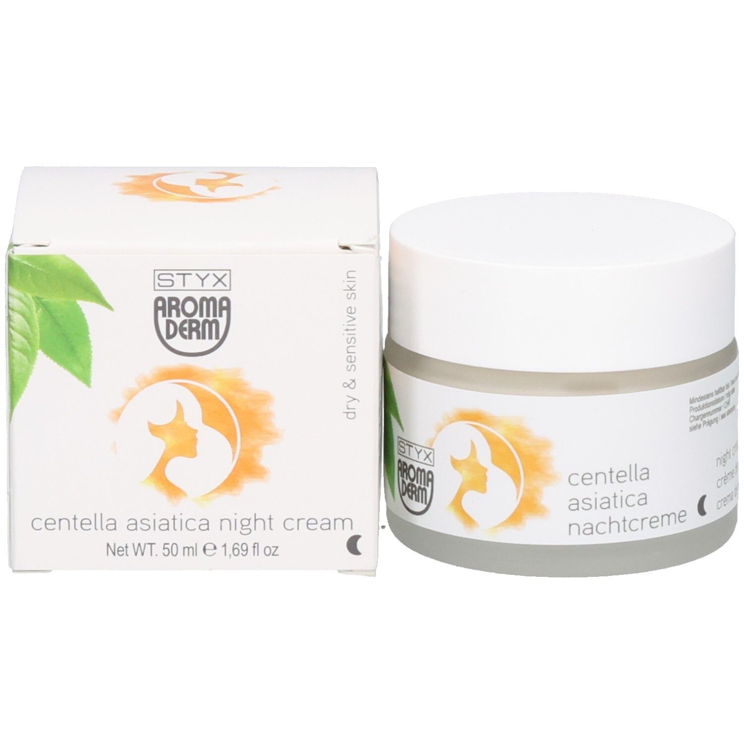Pot de crème et boîte. Boîte avec texte: STYX AROMADERM, centella asiatica nachtcreme, peau sèche et sensible. Certification BIO.