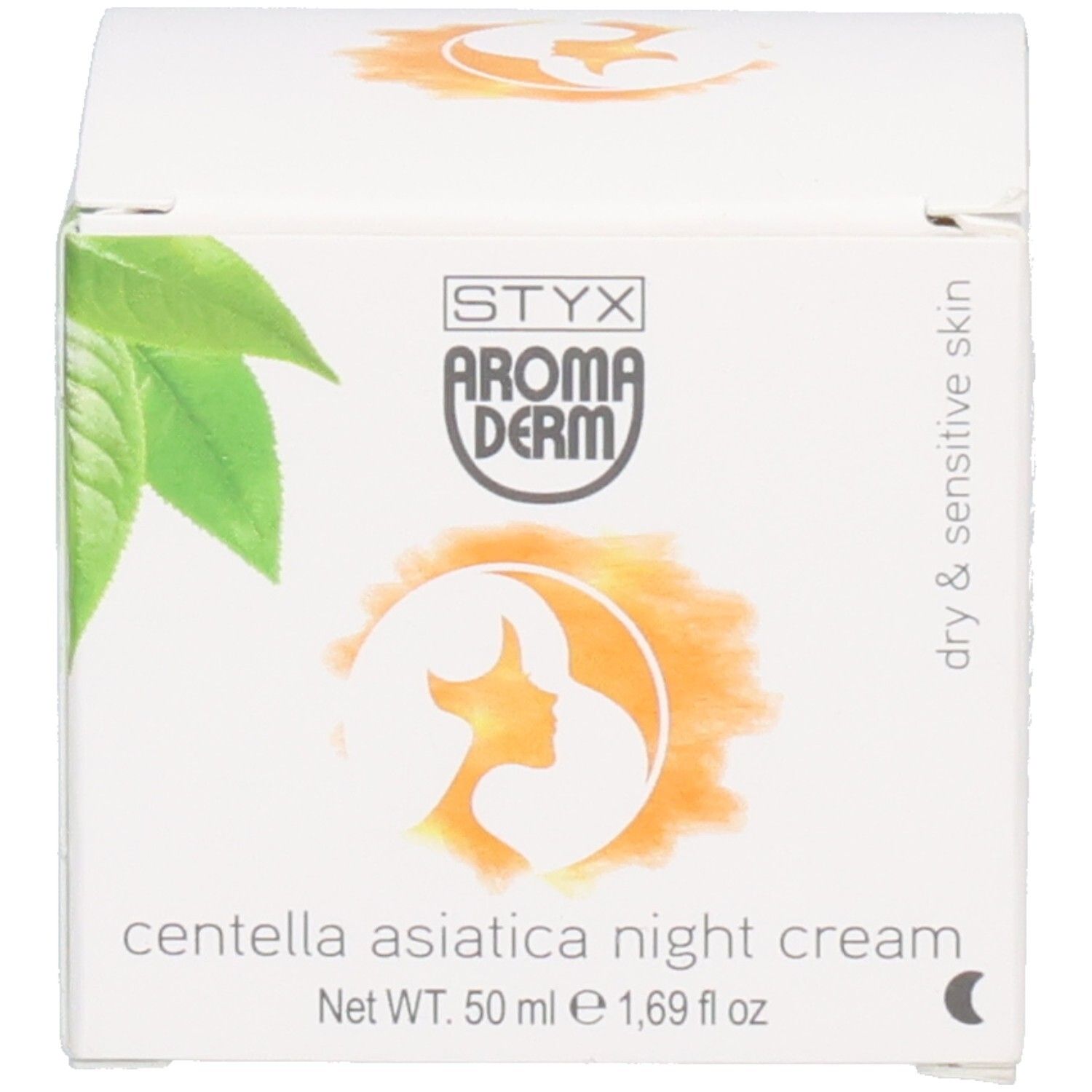 Boîte avec texte: STYX AROMADERM, centella asiatica nachtcreme, peau sèche et sensible. Symbole de lune.