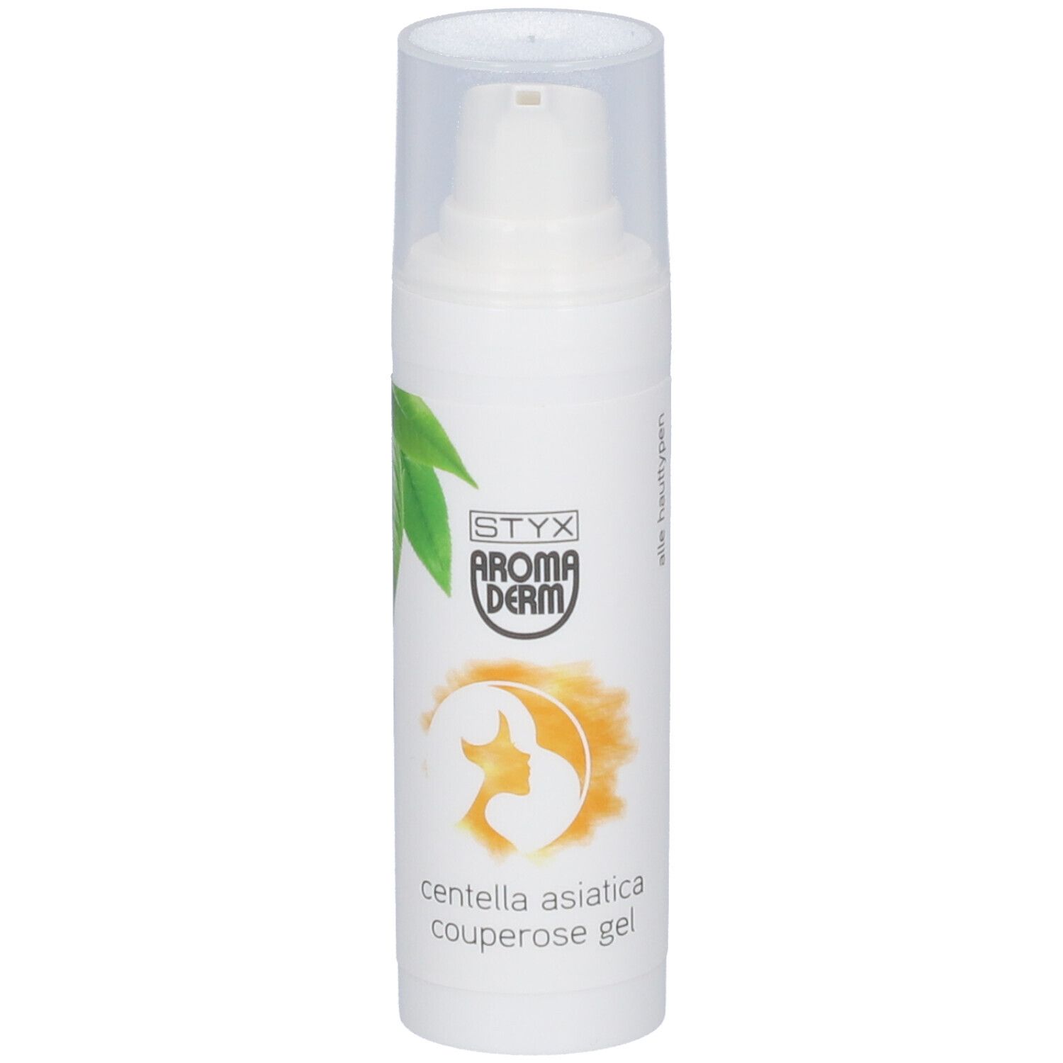 Flacon blanc avec pompe et bouchon. Inscription : STYX AROMADERM, Centella asiatica Couperose Gel. Logo vert-jaune.