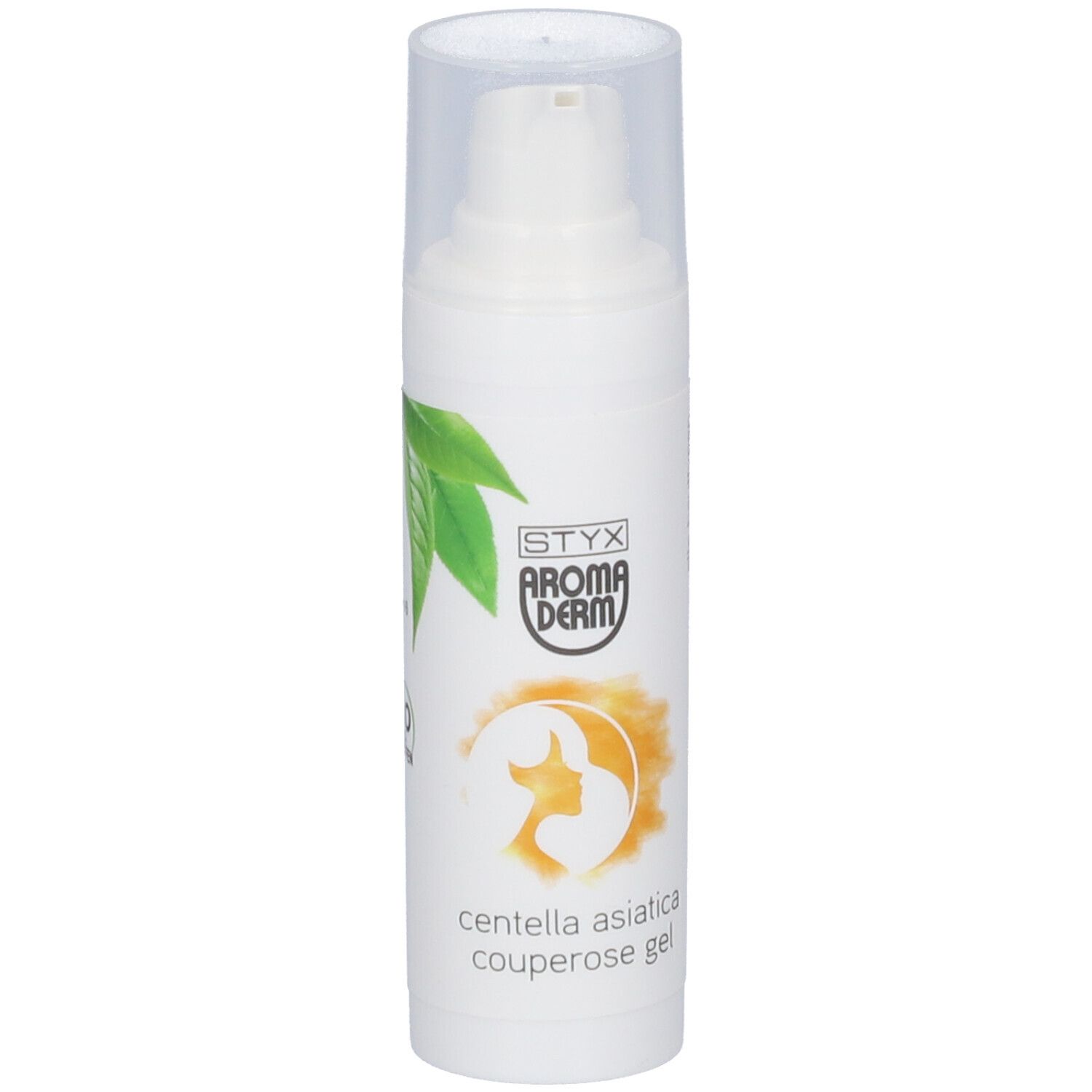 Flacon blanc avec pompe et bouchon. Inscription : STYX AROMADERM, Centella asiatica Couperose Gel. Logo vert-jaune.