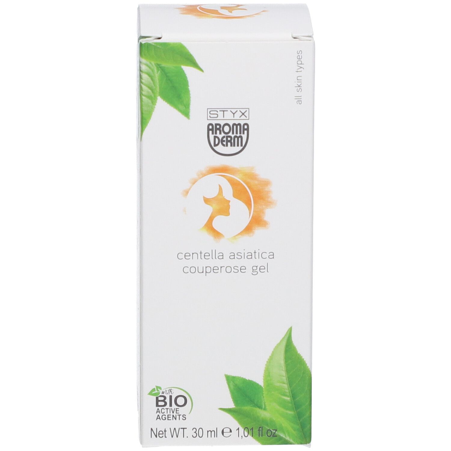 Emballage. Inscription : STYX AROMADERM, Centella asiatica Couperose Gel. Label BIO. 30 ml. Pour tous types de peau.