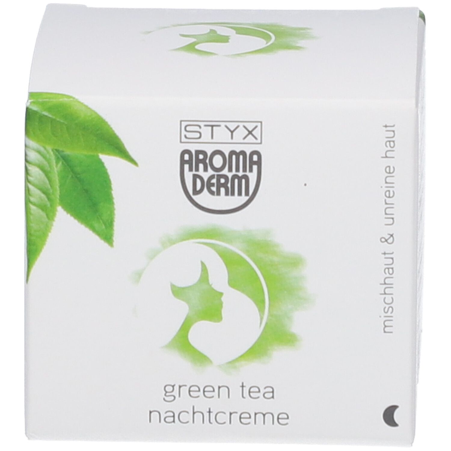 Boîte blanche. Sur la boîte : STYX AROMADERM, crème de nuit au thé vert, label bio, texte en allemand.