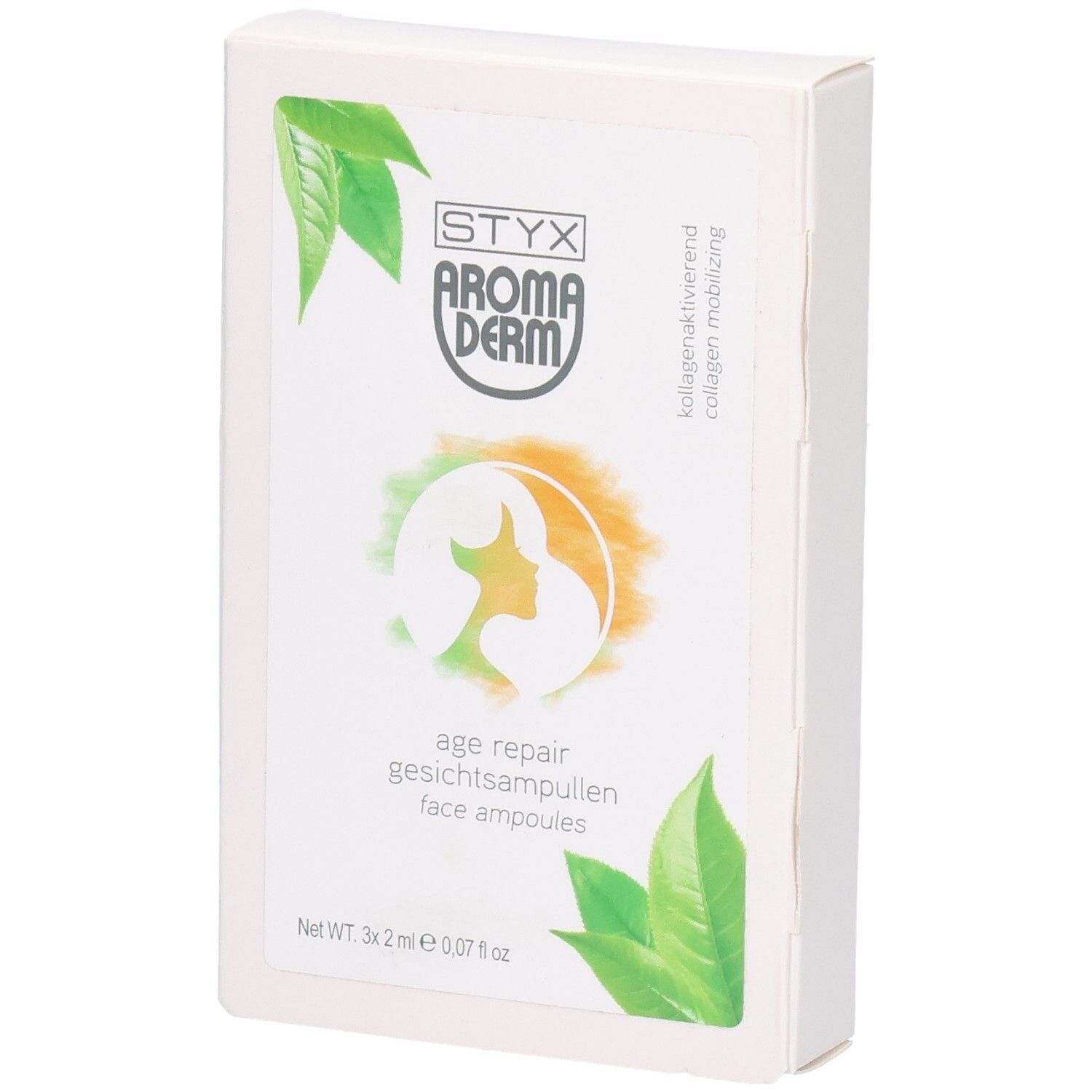 Boîte blanche avec logo STYX AROMADERM et "age repair gesichtsampullen". Design vert-orange avec des feuilles.