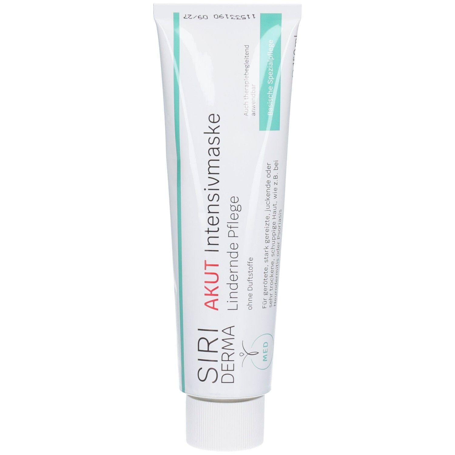 Tube SIRIDERMA Akut Intensiv-Pflegemaske. Wit, met blauwe en groene tekst. Bevat 150ml. Zonder parfum. Voor geïrriteerde huid.