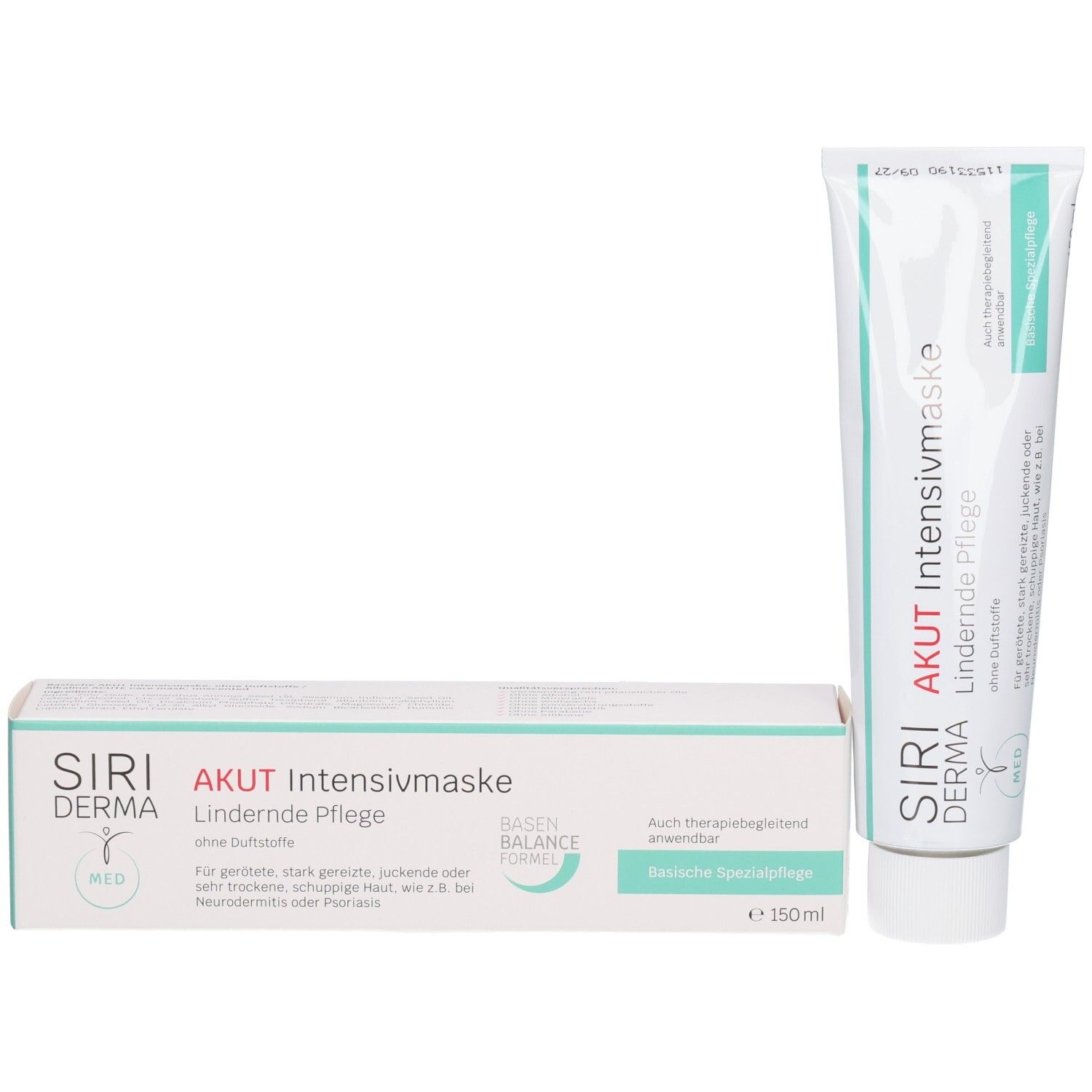 SIRIDERMA Akut Intensiv-Pflegemaske en verpakking. Tube en doos. Tekst: Akut, Verzachtende verzorging, zonder parfum. 150ml.