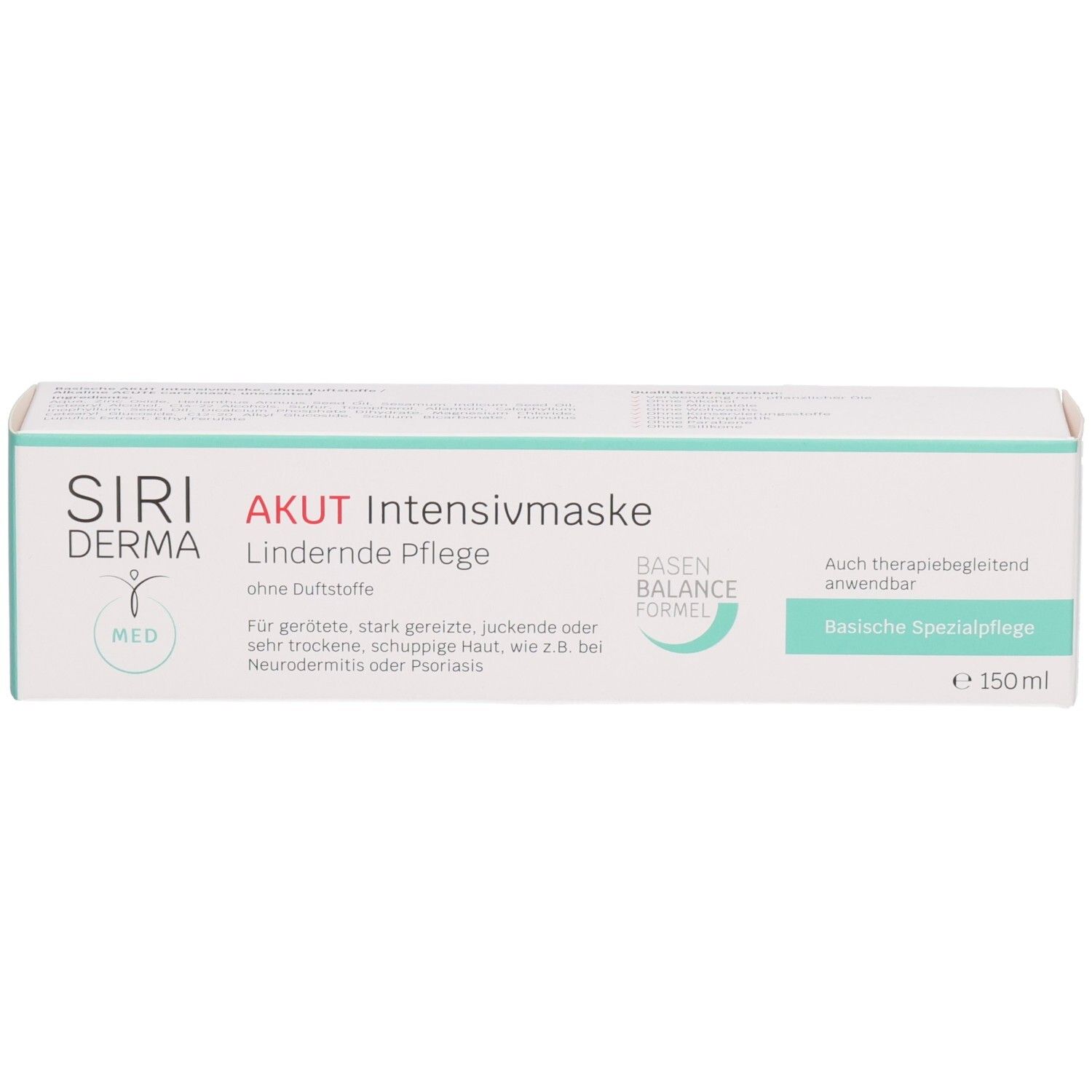 Doos SIRIDERMA Akut Intensiv-Pflegemaske. Tekst: Akut, Verzachtende verzorging, zonder parfum. Basen Balance Formule. 150ml.