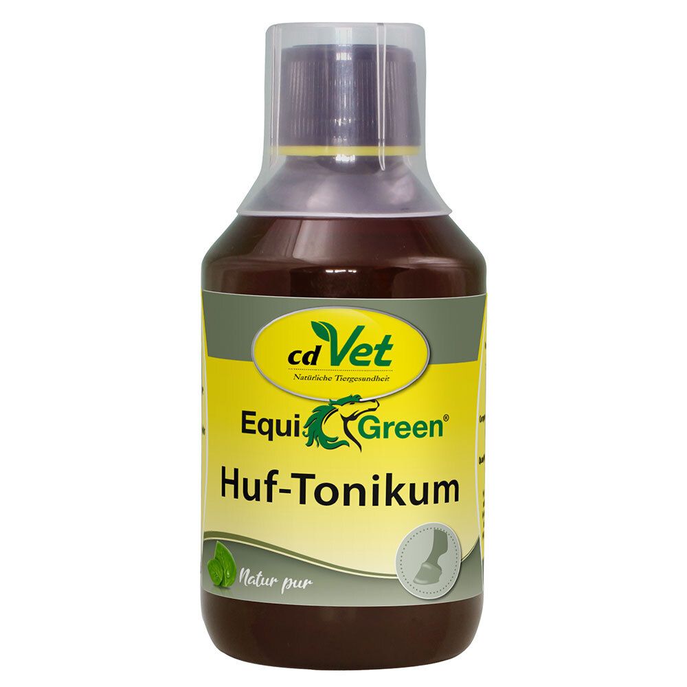 cdVet EquiGreen Huf-Tonikum in bruine glazen fles met paarse dop.