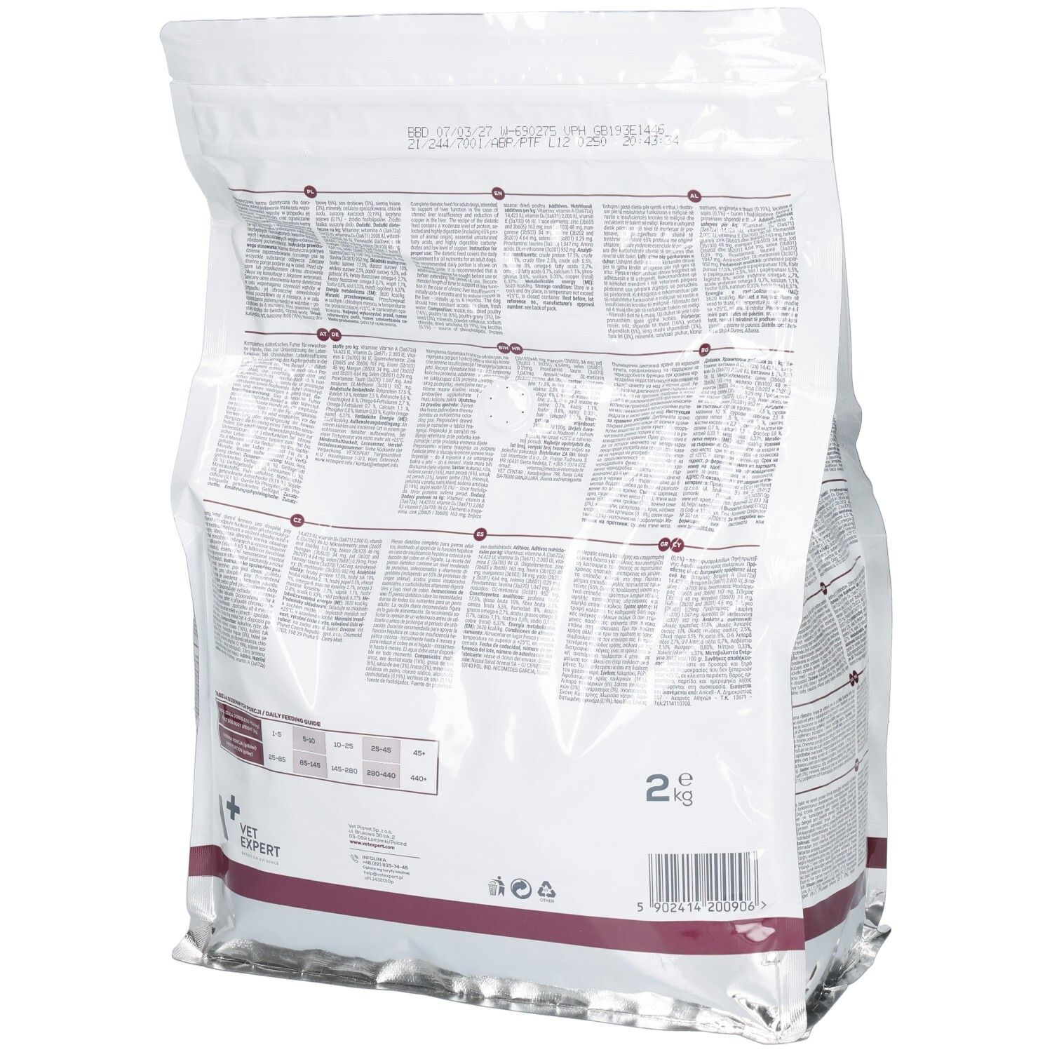 Croquettes Vet Expert Hepatic pour chien, verso avec informations, 2 kg.