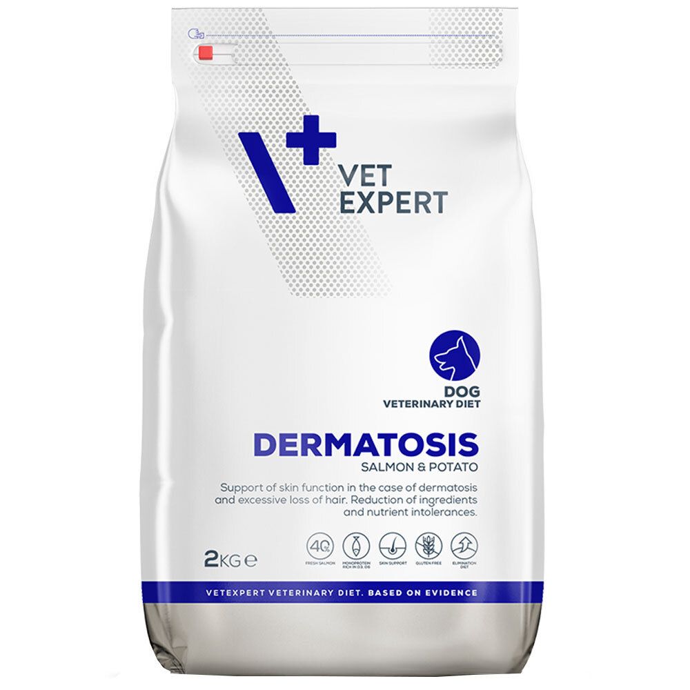 Sac blanc VETEXPERT Dermatosis, saumon & pomme de terre. Texte et logo bleu. 2kg.