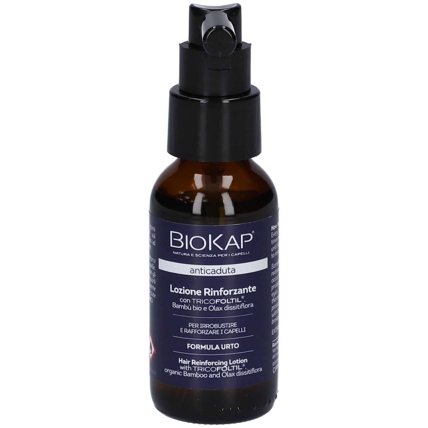 Bruine fles met zwarte spraykop. Opschrift: BioKap, Anticaduta, Lotione Rinforzante. Bevat Tricofoltil.