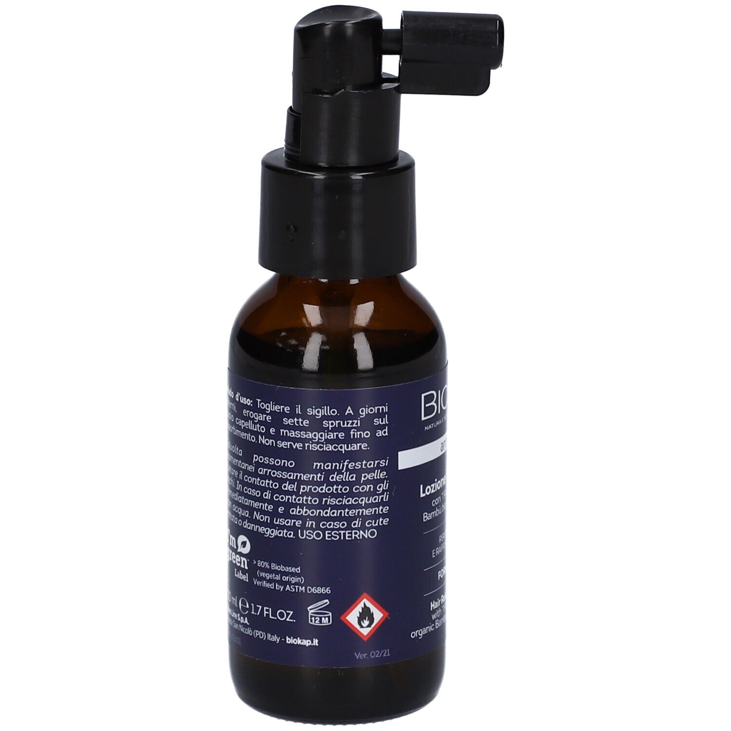 Achterkant bruine fles met zwarte spraykop. Tekst: BioKap, gebruiksaanwijzing, waarschuwingen. Bevat 50ml.