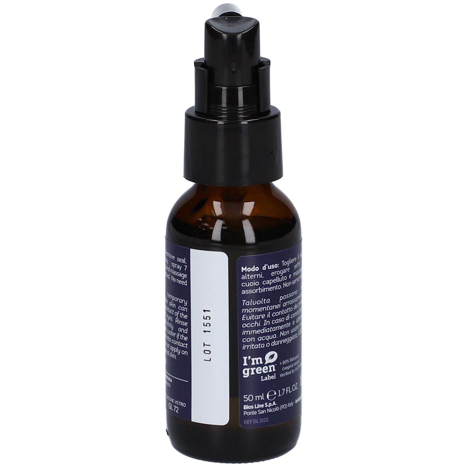 Bruine fles met zwarte spraykop. Tekst: BioKap, gebruiksaanwijzing, I'm green label, 50 ml.