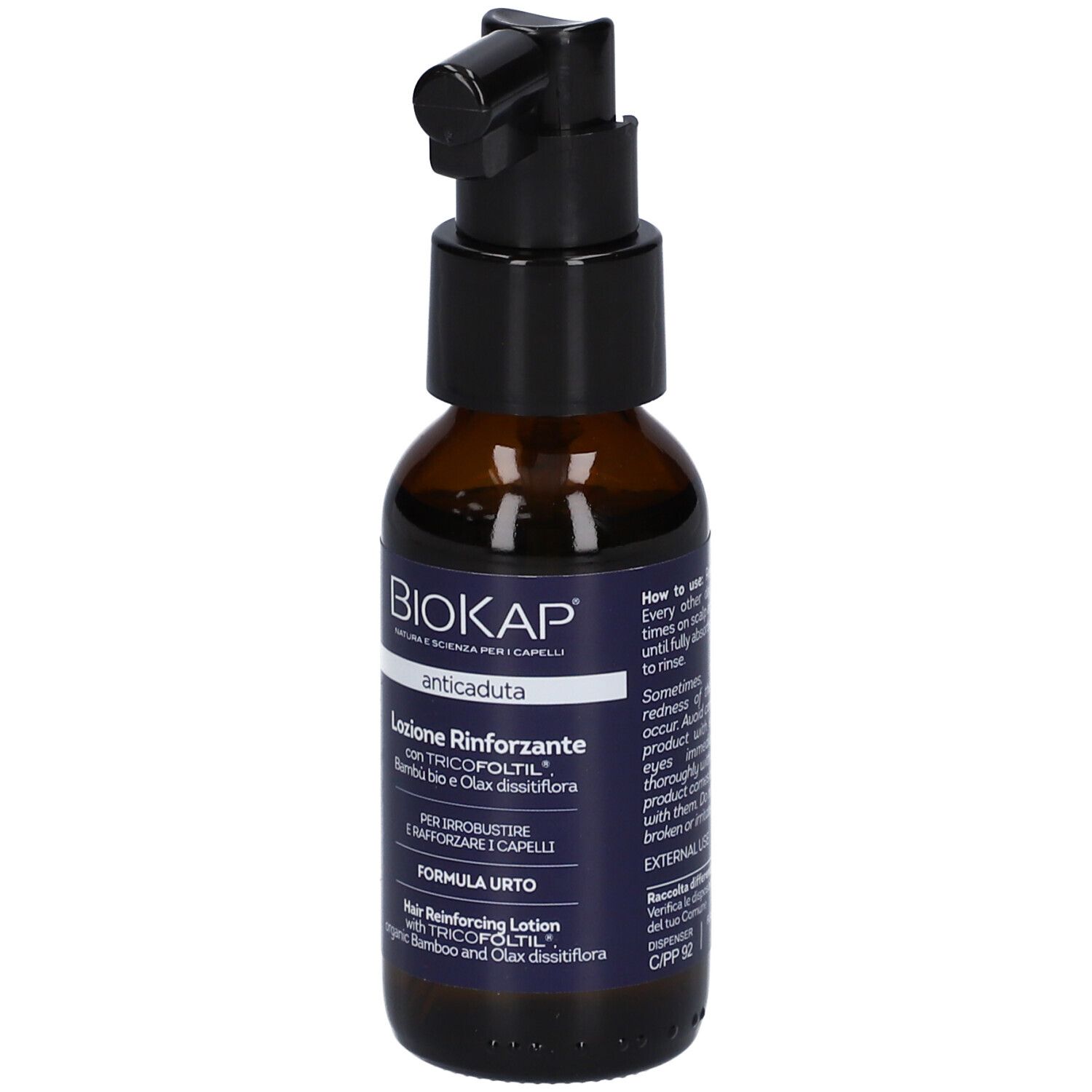 Bruine fles met zwarte spraykop. Opschrift: BioKap, Anticaduta, Lotione Rinforzante. Bevat Tricofoltil.