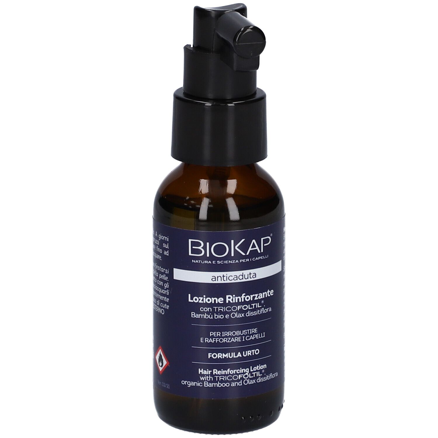 Bruine fles met zwarte spraykop. Opschrift: BioKap, Anticaduta, Lotione Rinforzante. Bevat Tricofoltil.