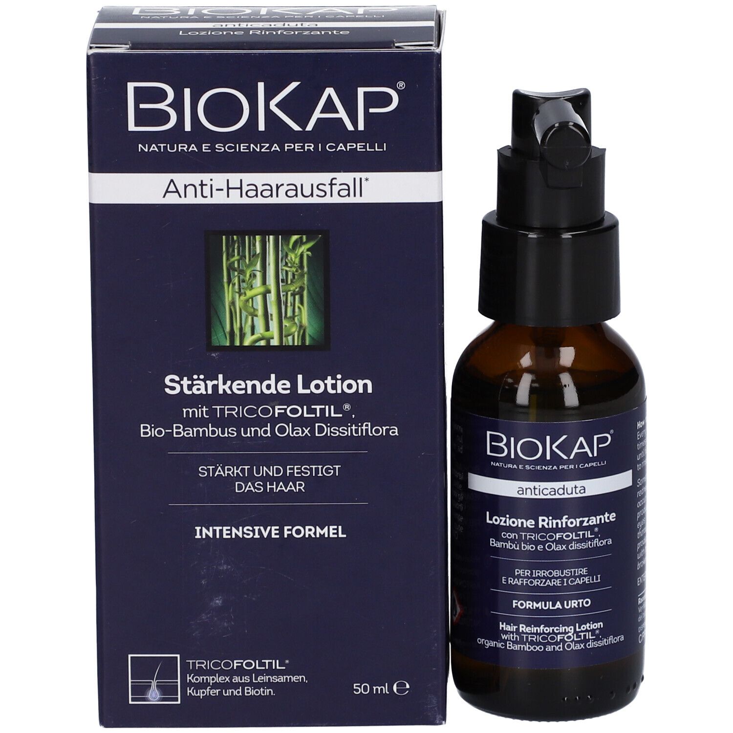 Productverpakking en fles. Verpakking: BioKap Anti-Haarausfall, Stärkende Lotion. Fles: bruin, spraykop.