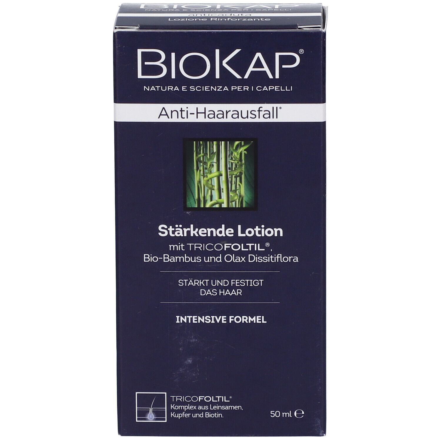 Productverpakking: BioKap Anti-Haarausfall, Stärkende Lotion. Bevat Tricofoltil. 50 ml. Zwarte achtergrond.