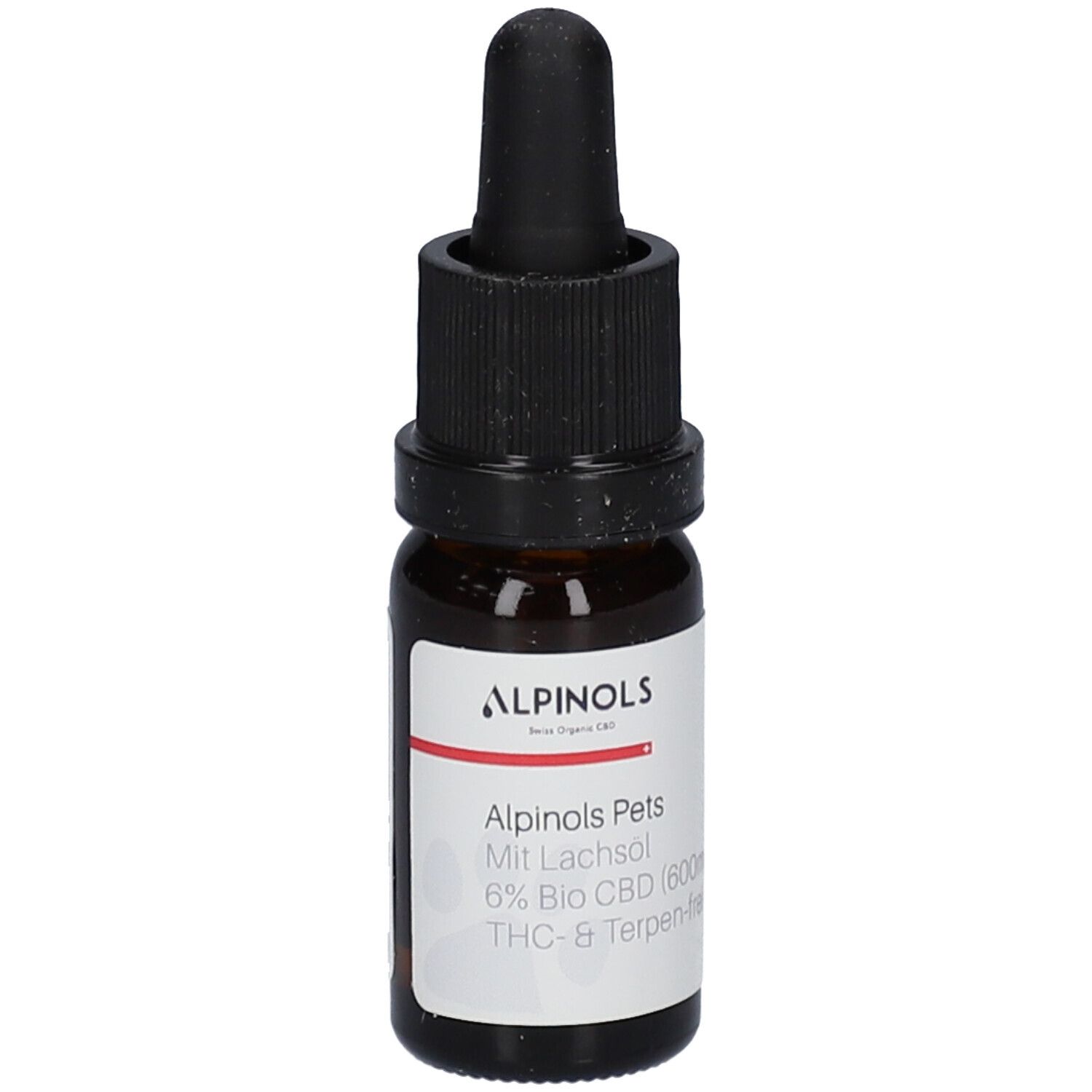 Bruine glazen fles met zwarte druppelaar. Etiket met productinformatie: ALPINOLS Pets, 6% Bio CBD.