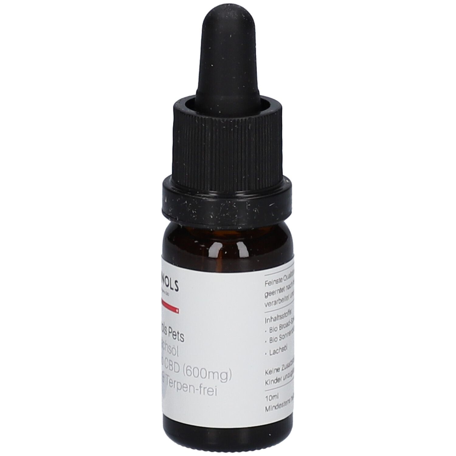 Bruine glazen fles met zwarte druppelaar. Etiket met productinformatie: ALPINOLS Pets, 6% Bio CBD.