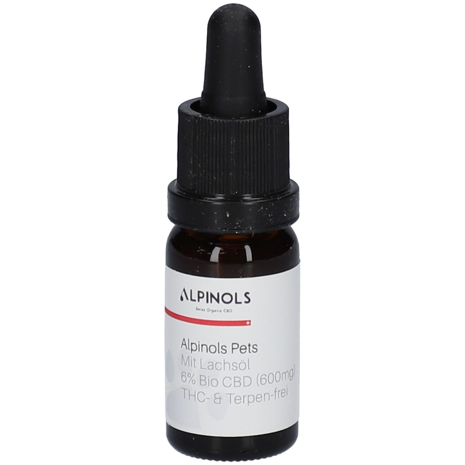 Bruine glazen fles met zwarte druppelaar. Etiket met productinformatie: ALPINOLS Pets, 6% Bio CBD.