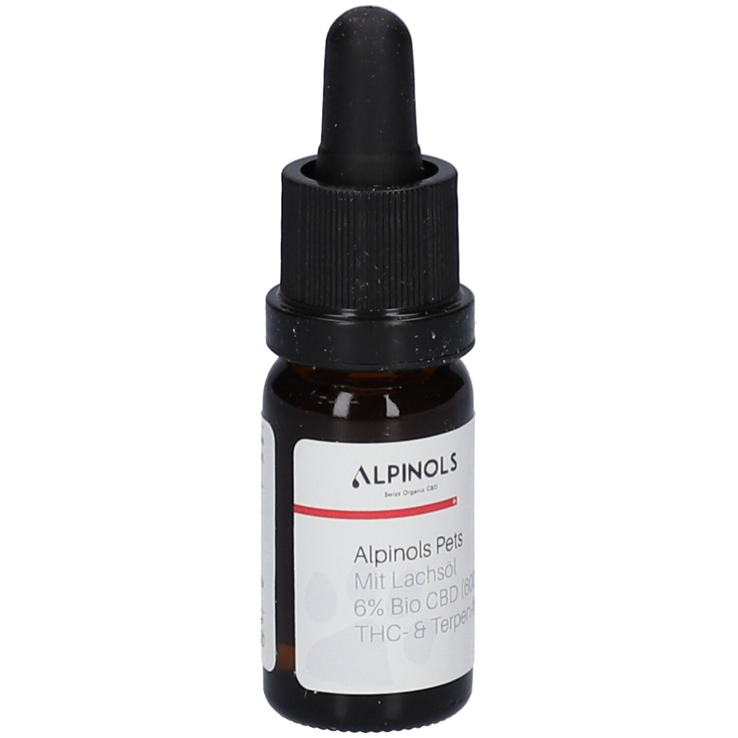 Bruine glazen fles met zwarte druppelaar. Etiket met productinformatie: ALPINOLS Pets, 6% Bio CBD.