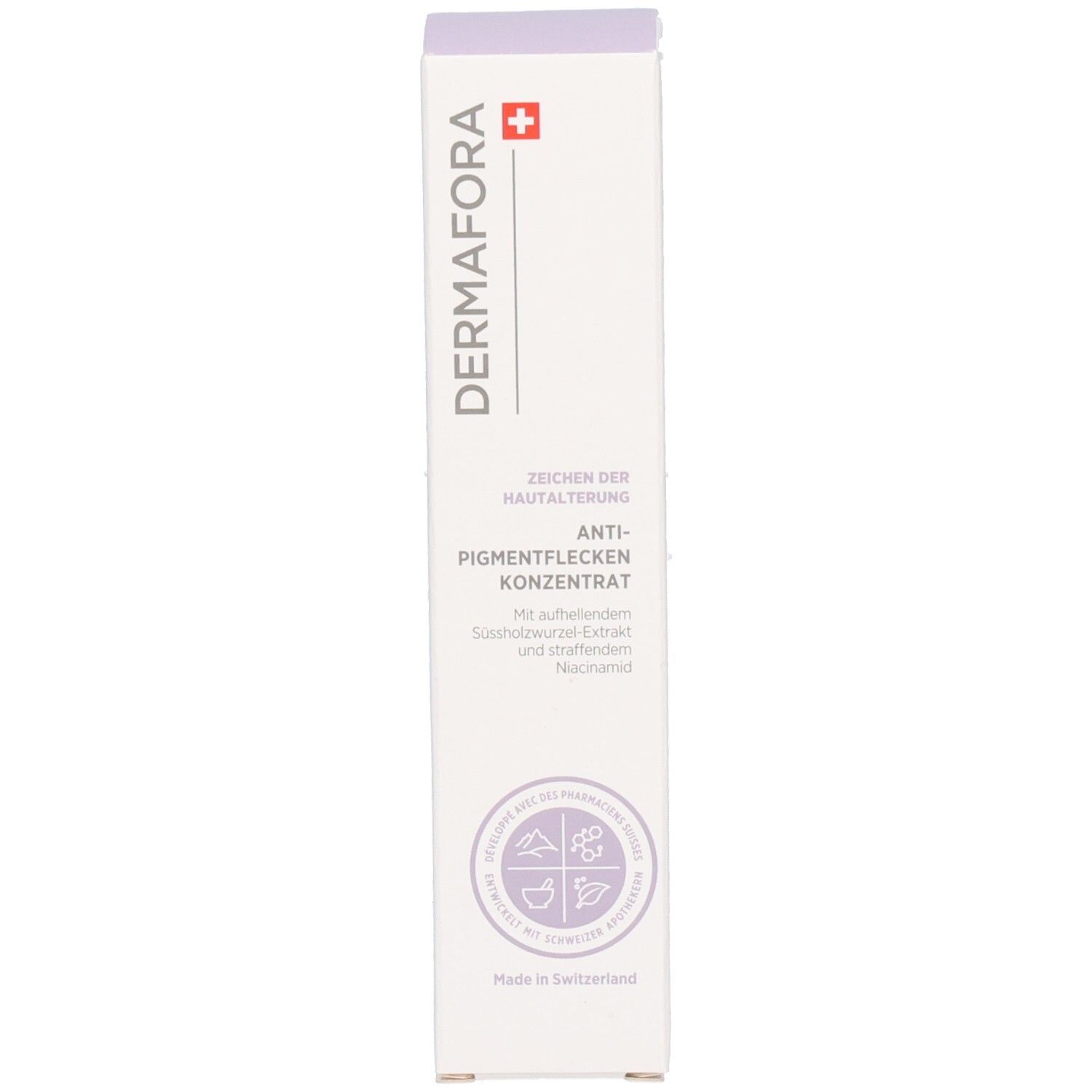 Face avant de l'emballage du produit. Logo "Dermafora", croix suisse. Concentré anti-taches. Violet.