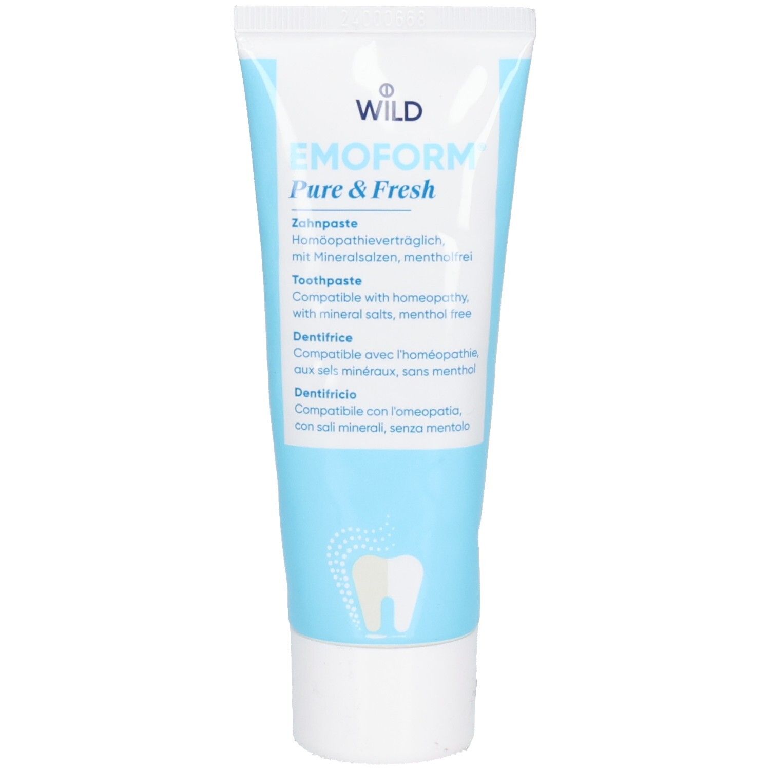Tube de dentifrice EMOFORM® Pure & Fresh, bleu clair et blanc. Inscriptions, symbole de dent. "Dentifrice" et autres textes.