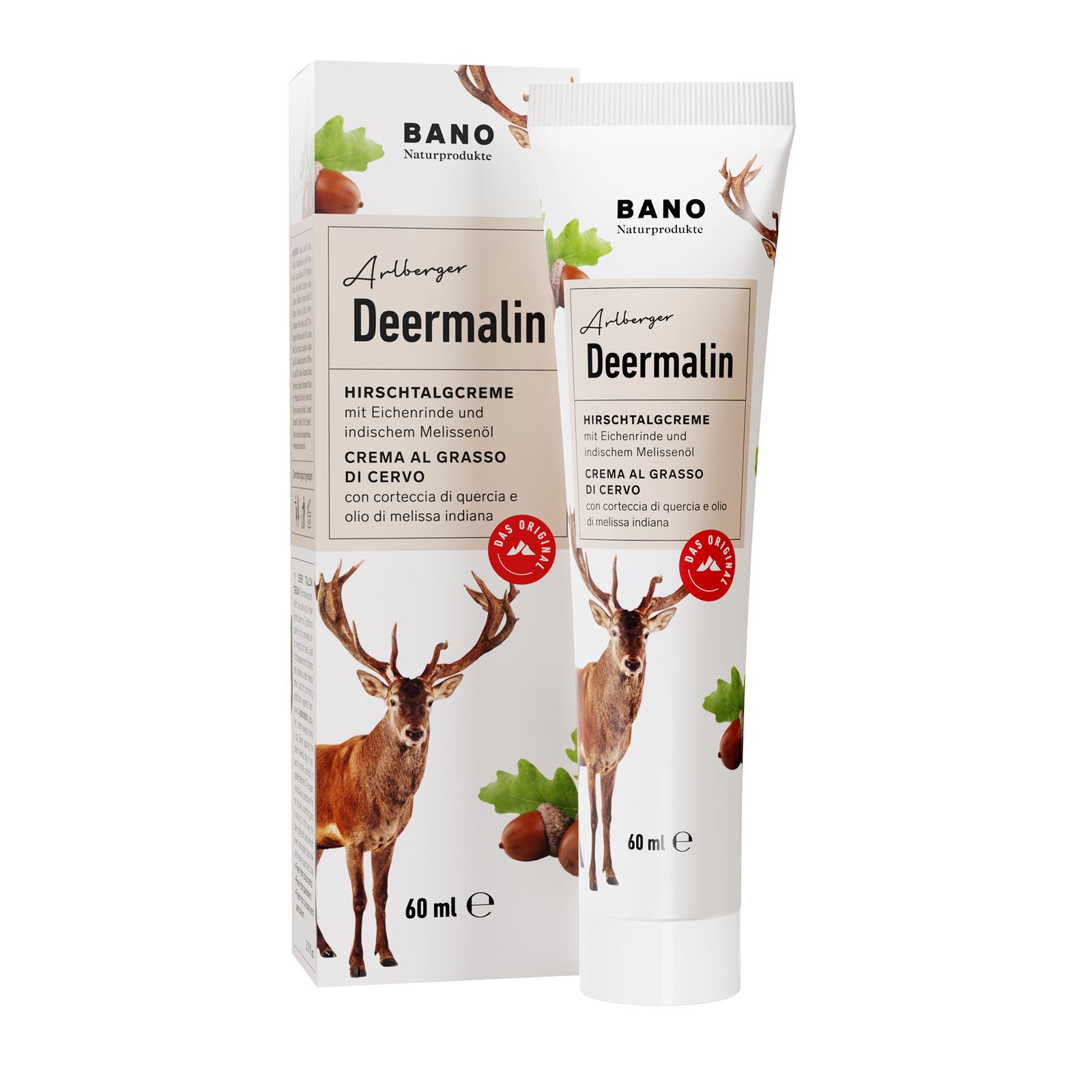 Tube et boîte de crème. Inscription : BANO Deermalin Hirschtalgcreme. Illustration d'un cerf et de glands. 60 ml.