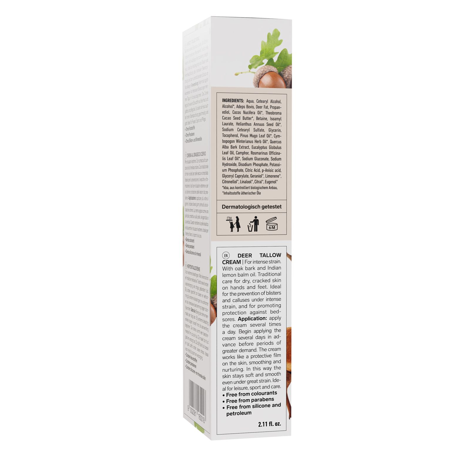 Dos de la boîte. Liste des ingrédients, texte en allemand et en anglais. Testé dermatologiquement. Sans colorants, parabènes, silicones et huiles minérales.