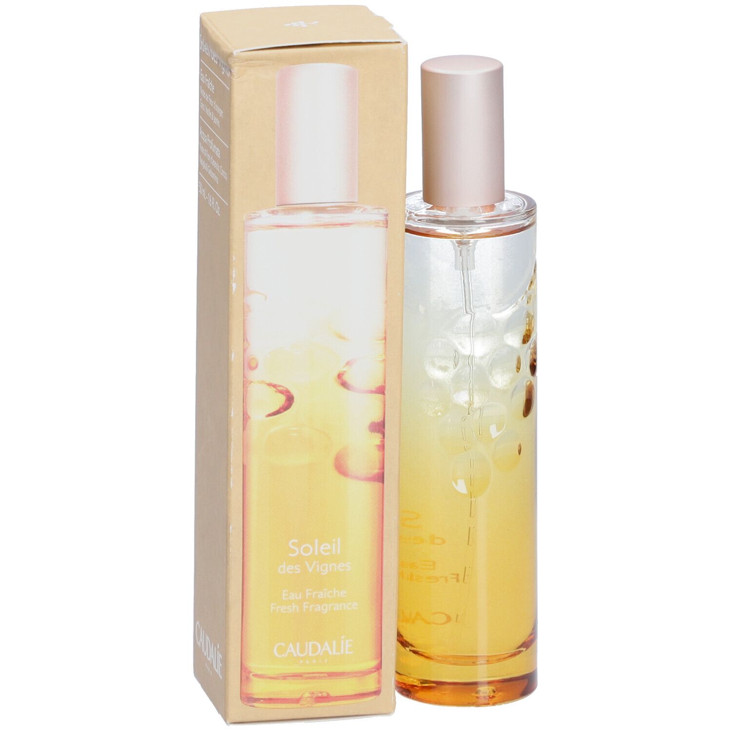 Fles met verstuiver en doos. Opschrift: Soleil des Vignes, Eau Fraîche, Caudalie.