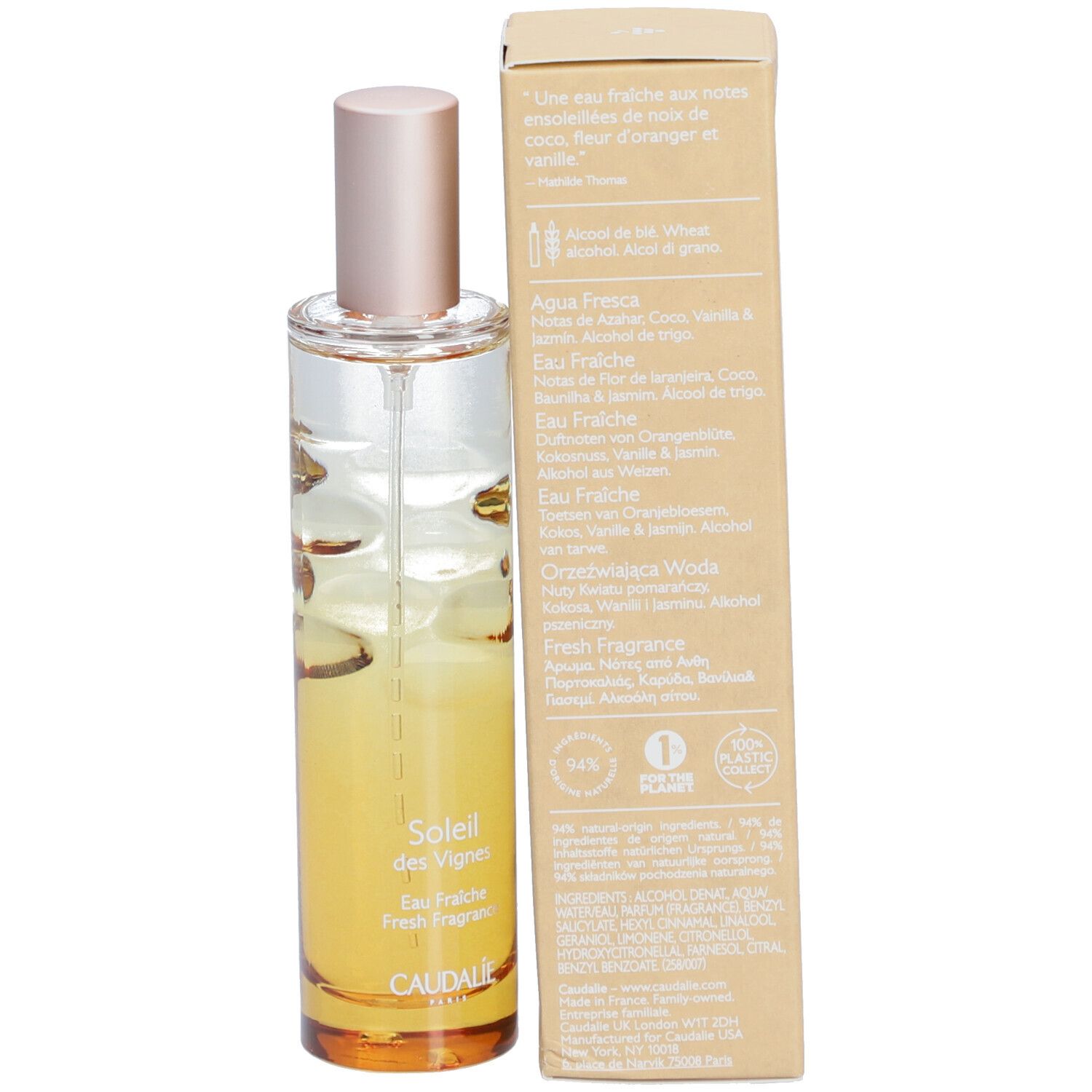 Fles met verstuiver en doos. Opschrift: Soleil des Vignes, Eau Fraîche, Caudalie.