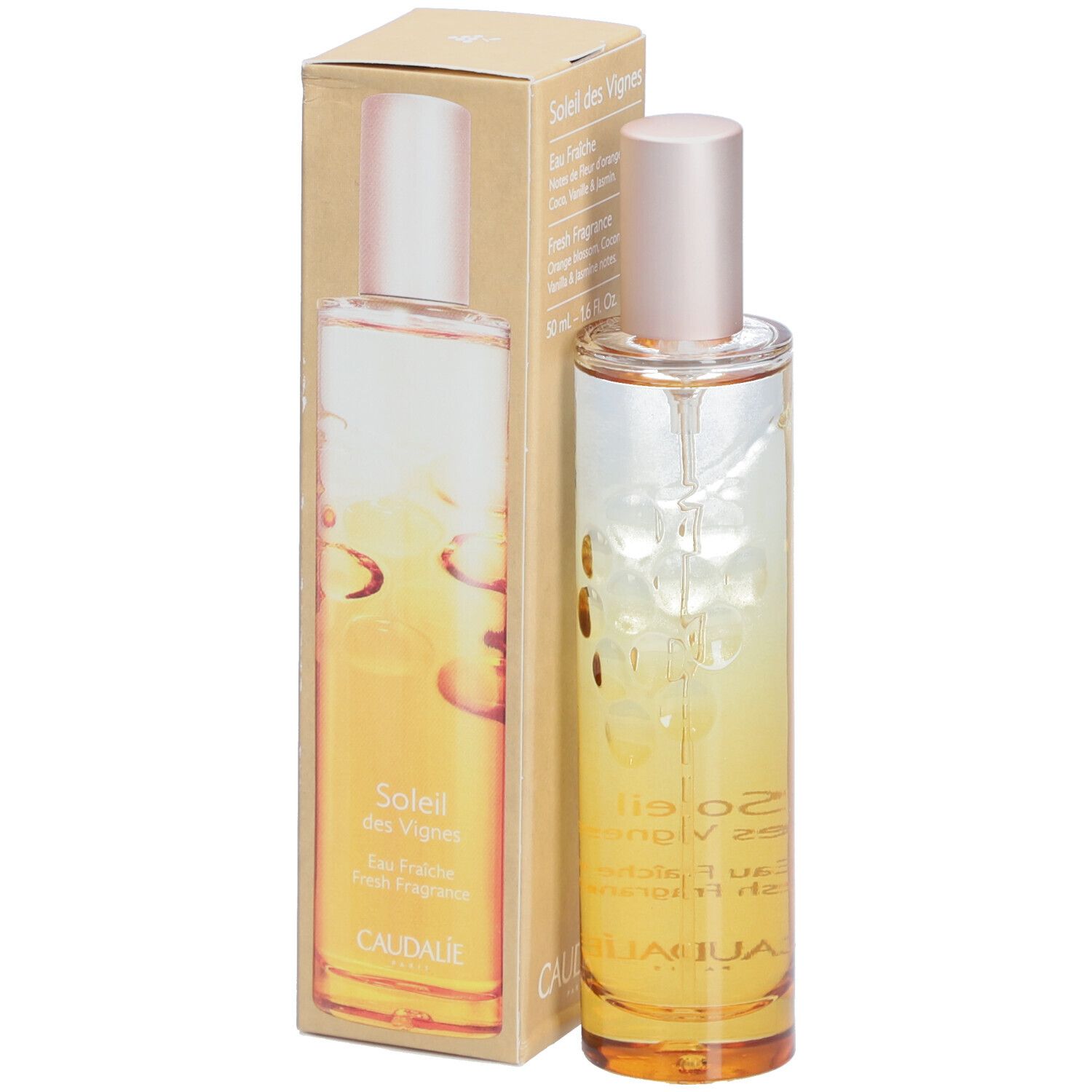 Fles met verstuiver en doos. Opschrift: Soleil des Vignes, Eau Fraîche, Caudalie.
