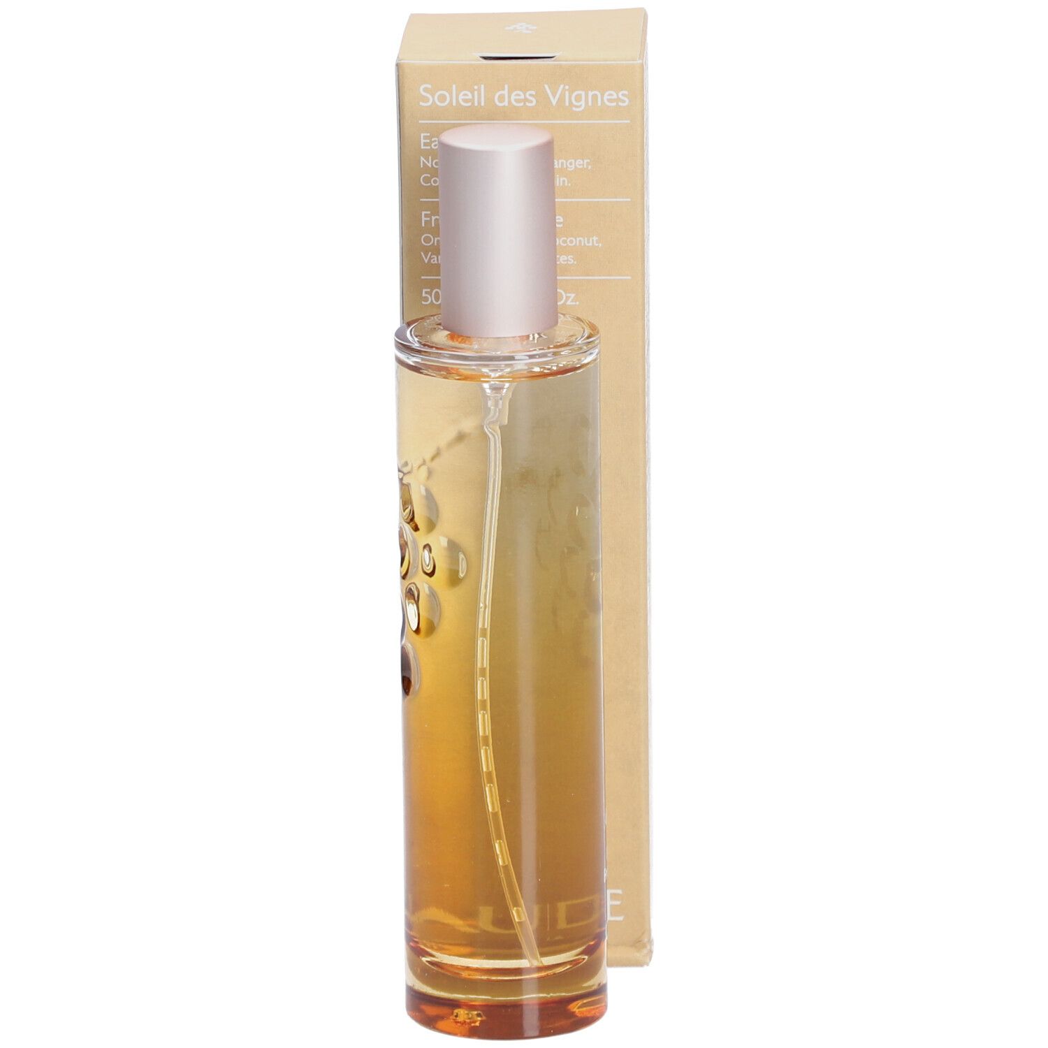 Fles met verstuiver. Opschrift: Soleil des Vignes, Eau Fraîche, Caudalie.