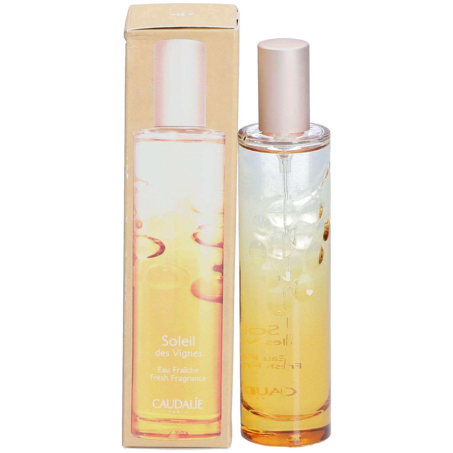 Fles met verstuiver en doos. Opschrift: Soleil des Vignes, Eau Fraîche, Caudalie.