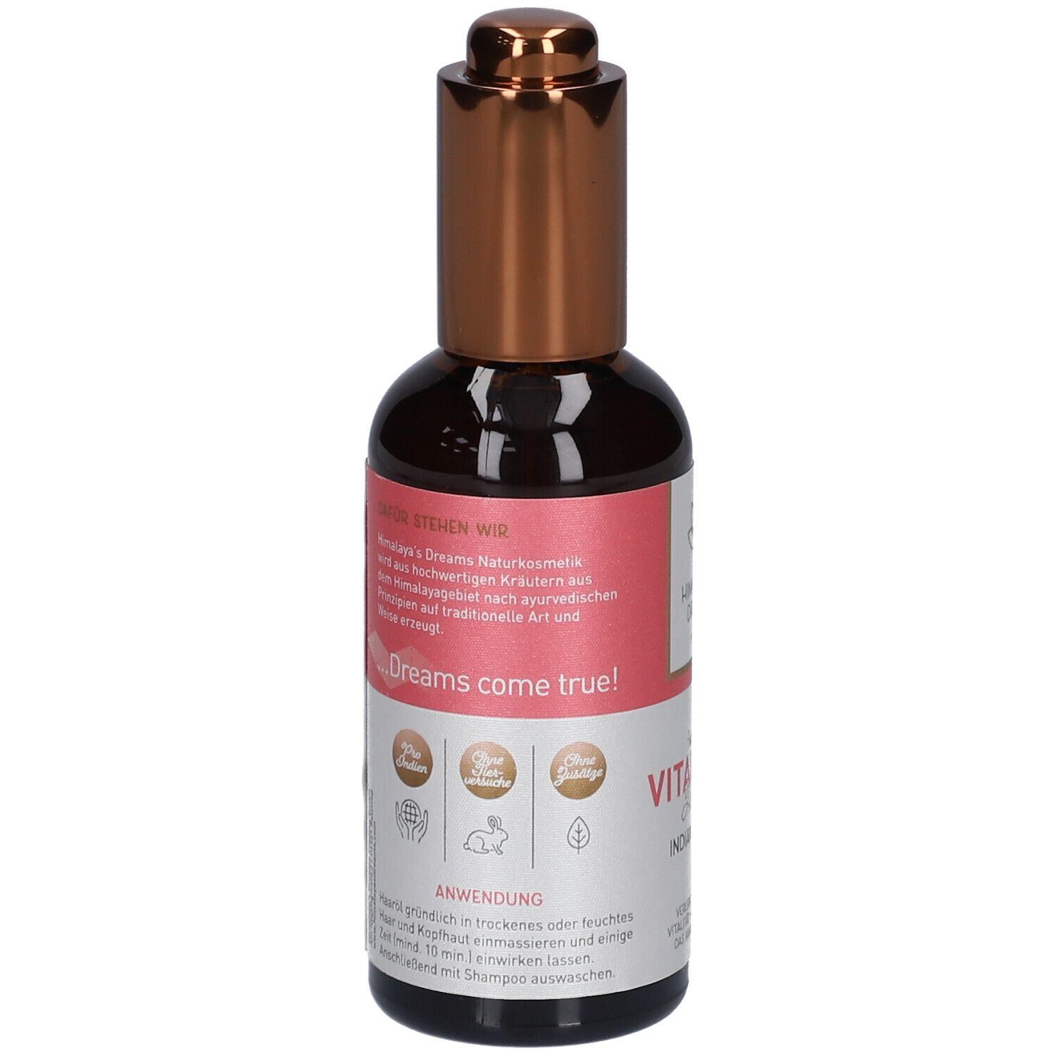 Flacon en verre brun avec bouchon cuivré. Étiquette avec texte et logos.