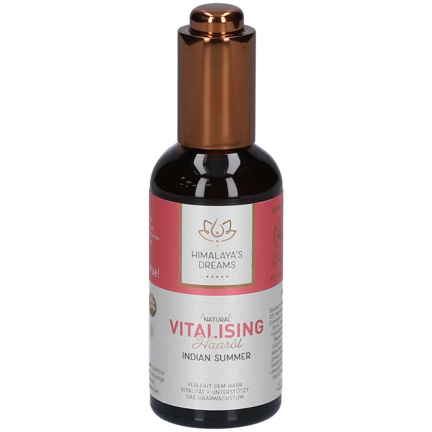 Flacon en verre brun avec bouchon cuivré. Étiquette avec nom du produit et logo.