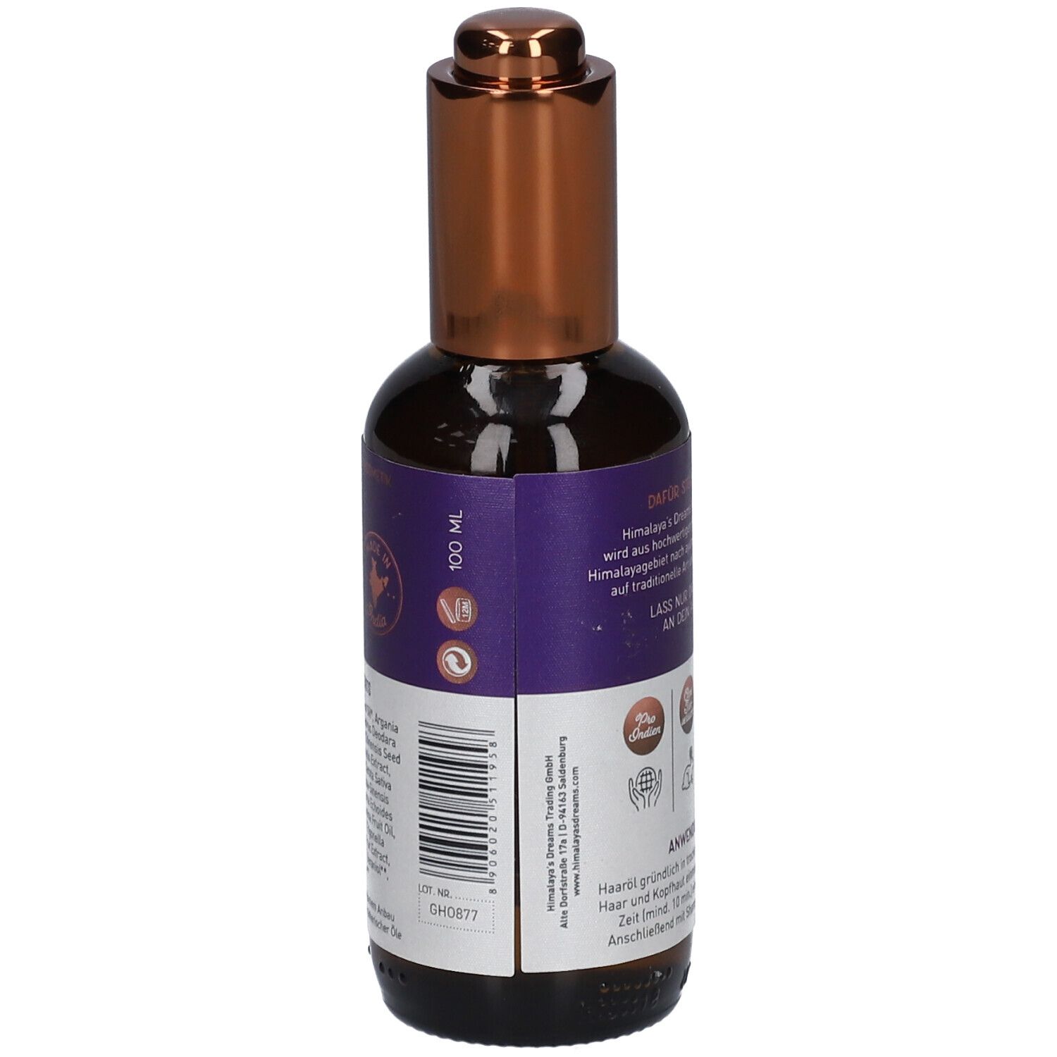 Achteraanzicht van de fles. Paars etiket met tekst en logo's. 100 ml. Barcode. Tekst: Himalaya's Dreams. Bruine glazen fles.