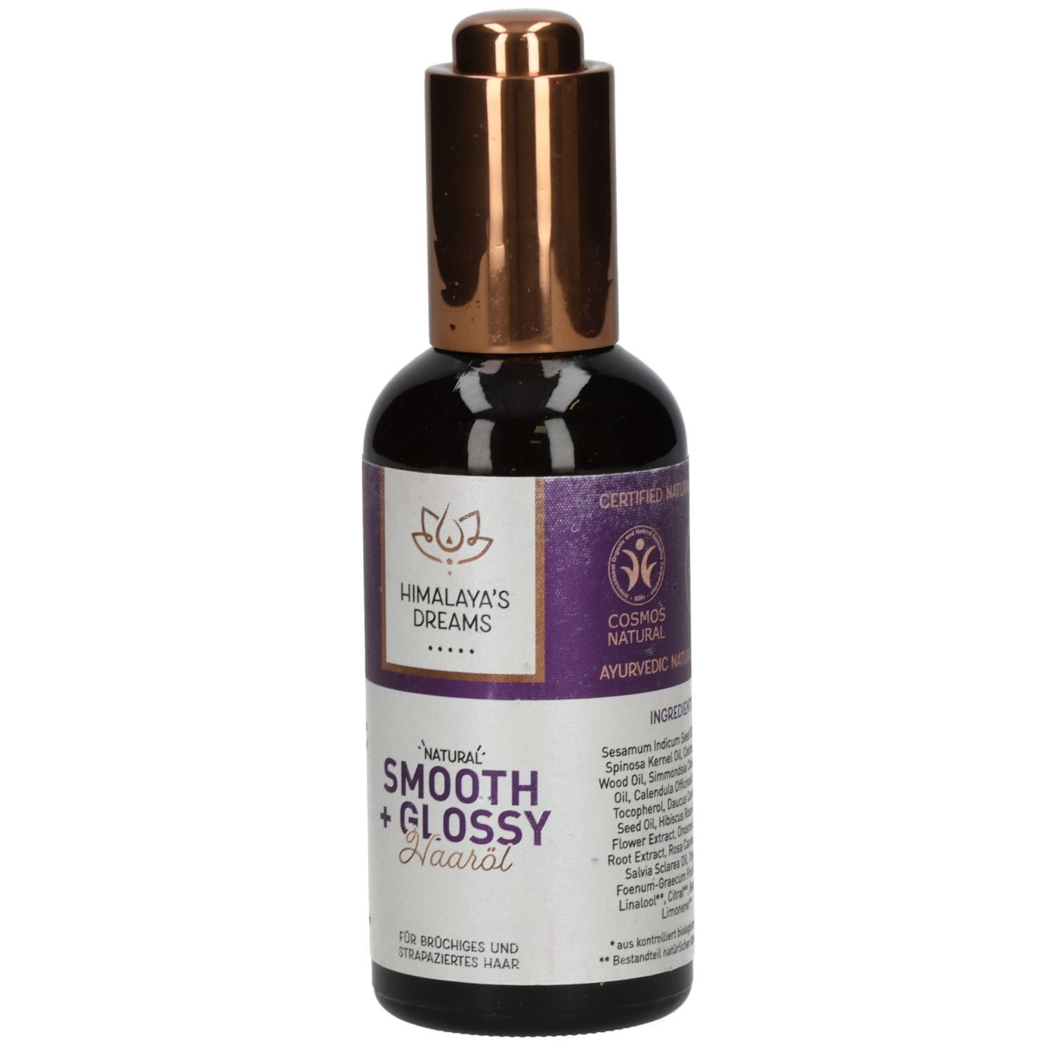 Donkerbruine glazen fles met druppeldop. Etiket met 'Himalaya's Dreams' en 'Natural Smooth + Glossy Haaröl'.